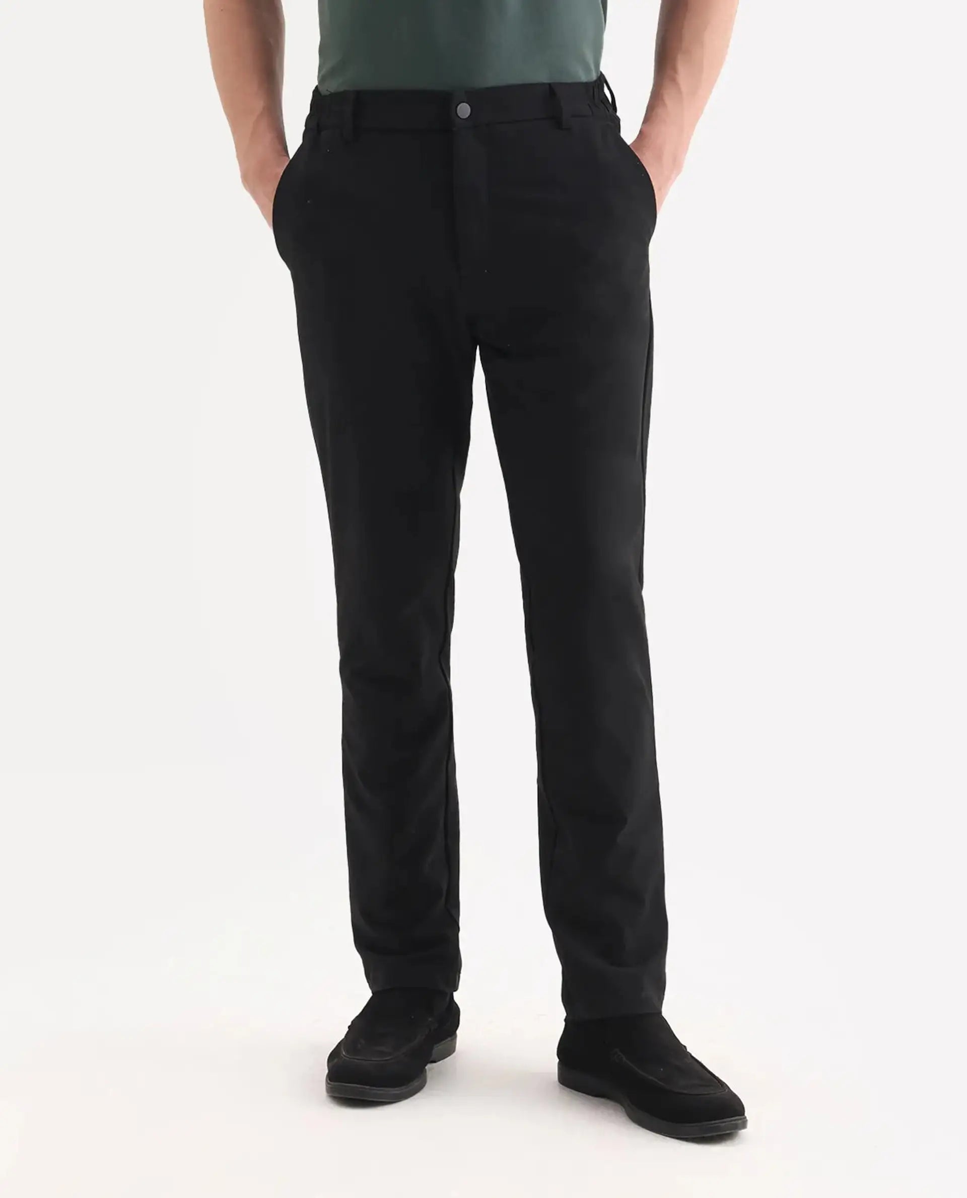 Rare Rabbit Men's Travel 26 Black Polyester Blend Plain Regular Fit Trouser