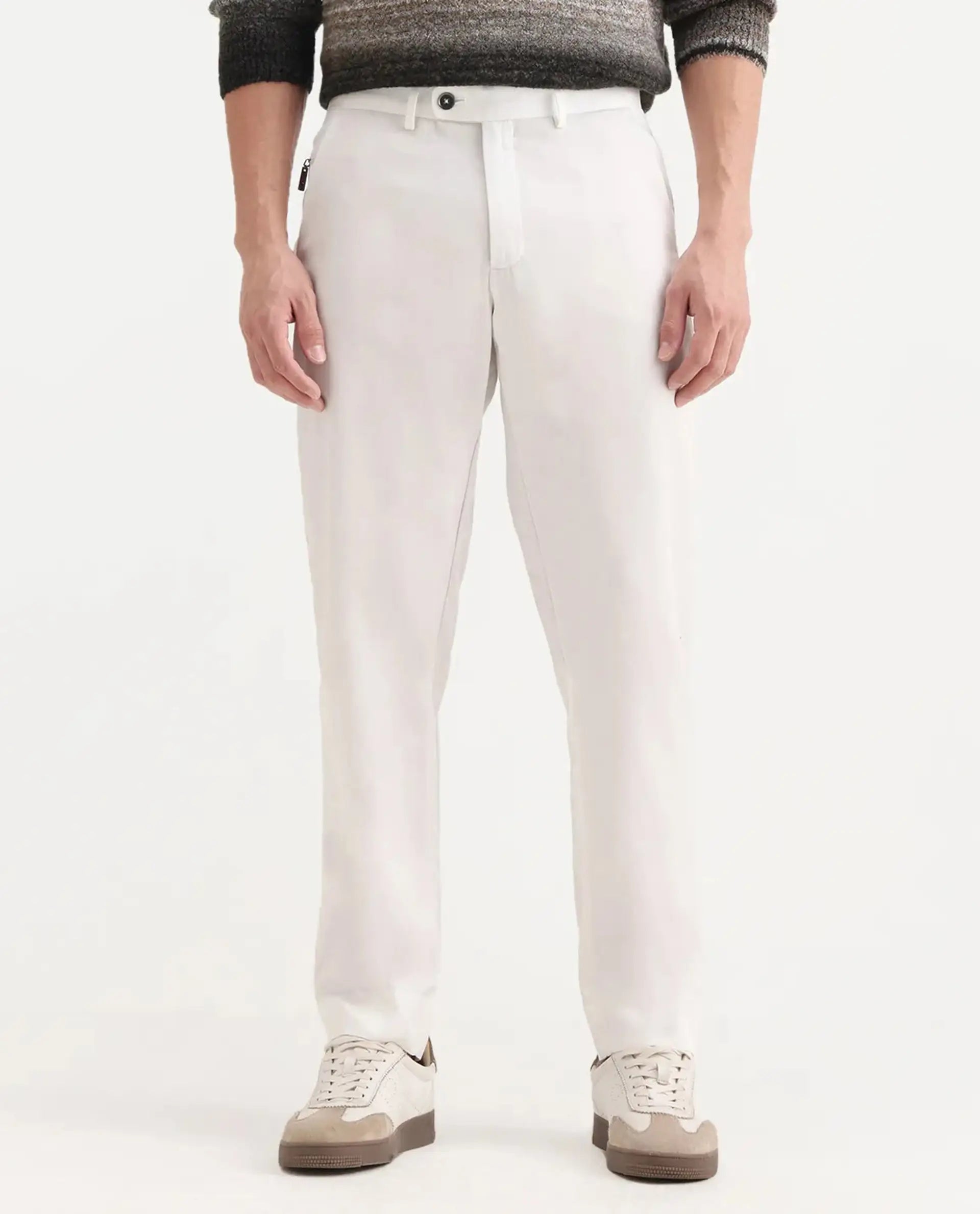Rare Rabbit Men's Ugo White Cotton Blend Plain Regular Fit Trouser