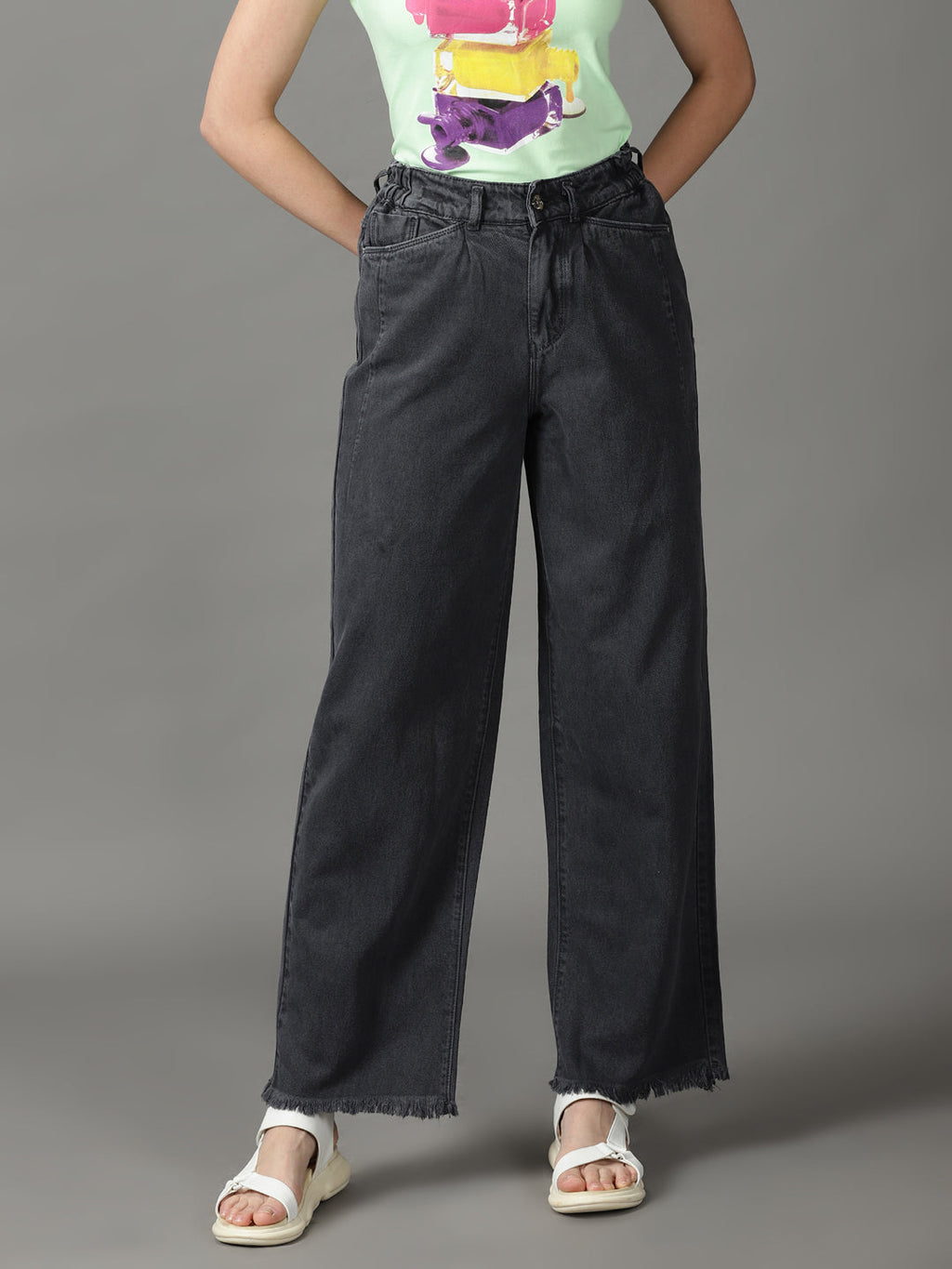 Women's Grey Wide Leg High-Rise Cotton Jeans