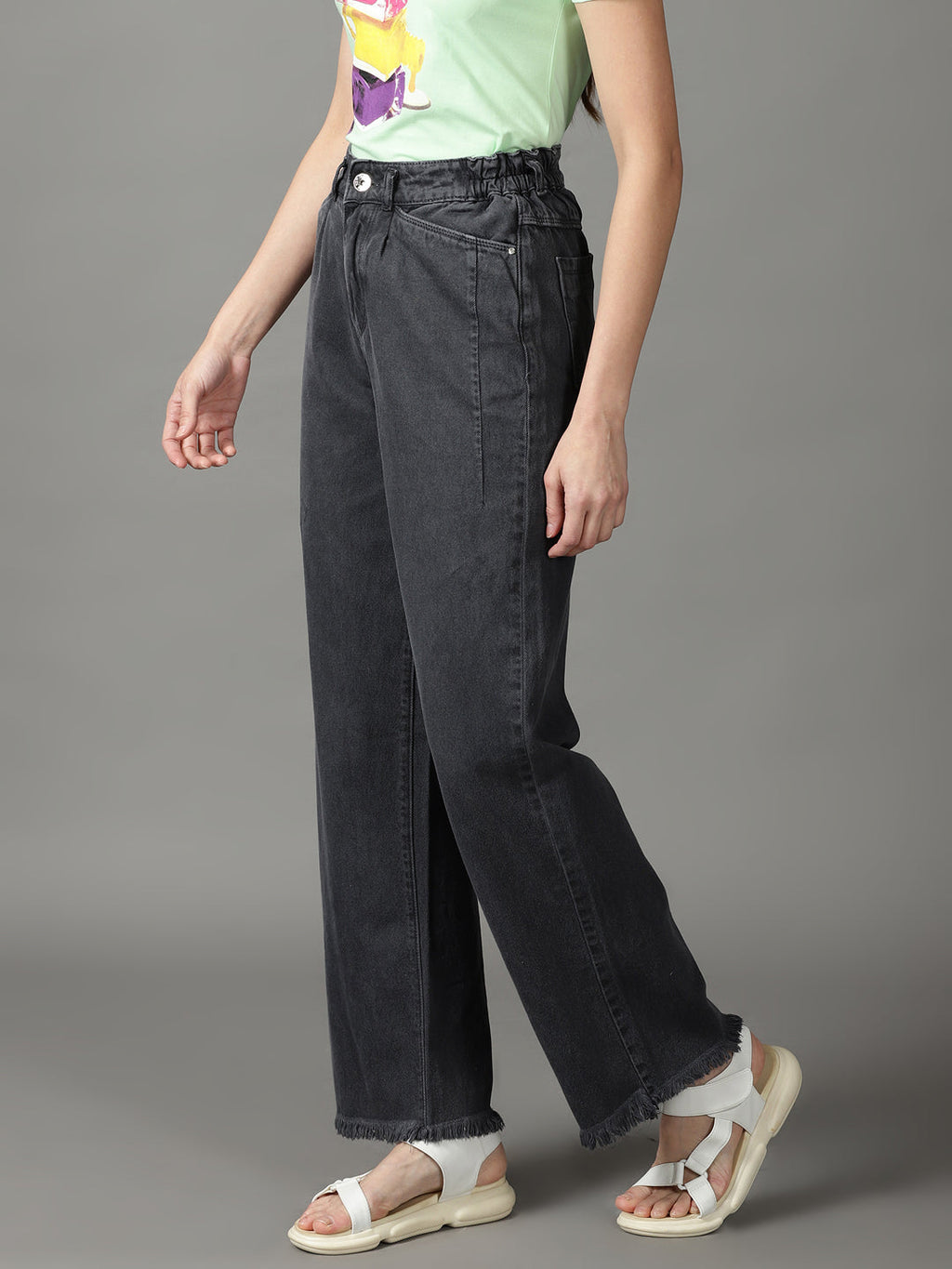 Women's Grey Wide Leg High-Rise Cotton Jeans