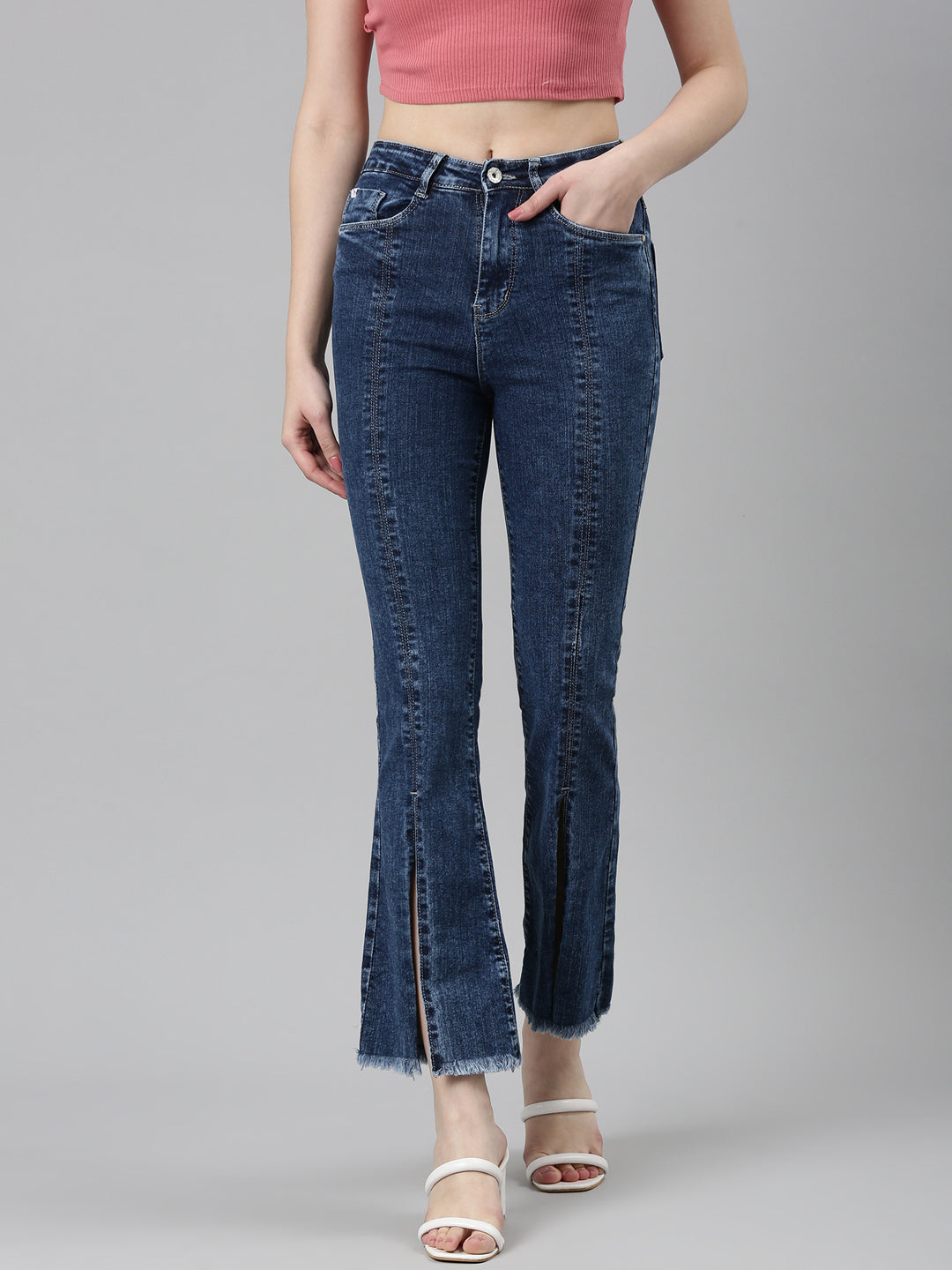 Women's Navy Blue Flared Clean Look Light Denim Jeans