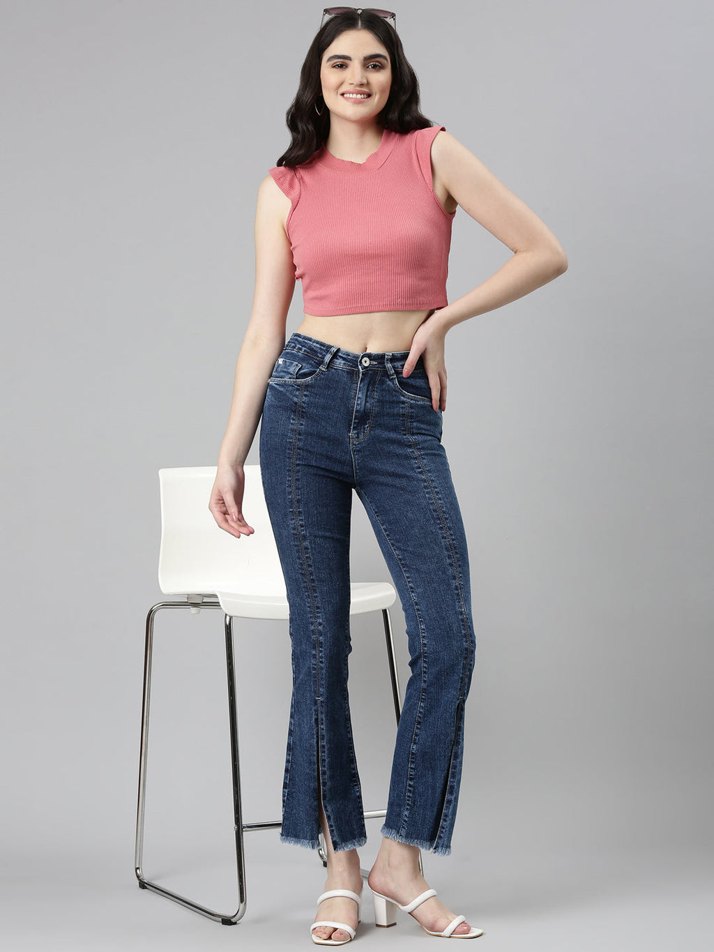 Women's Navy Blue Flared Clean Look Light Denim Jeans