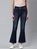 Women's Navy Blue Flared Mid-Rise Light Fade Cropped Denim Jeans
