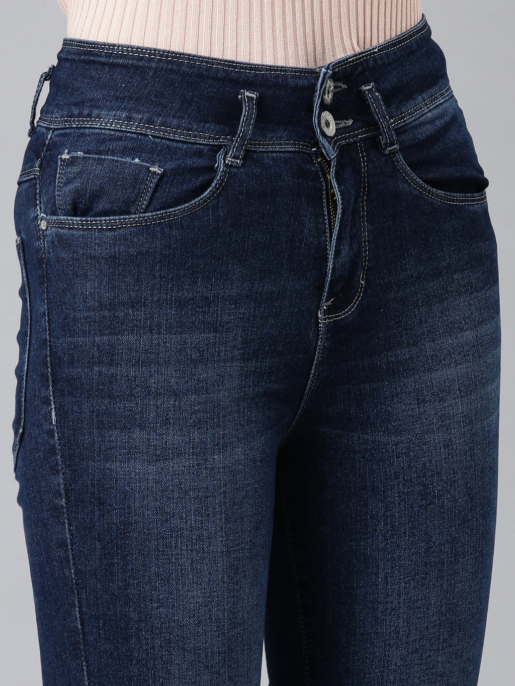 Women's Navy Blue Flared Mid-Rise Light Fade Cropped Denim Jeans