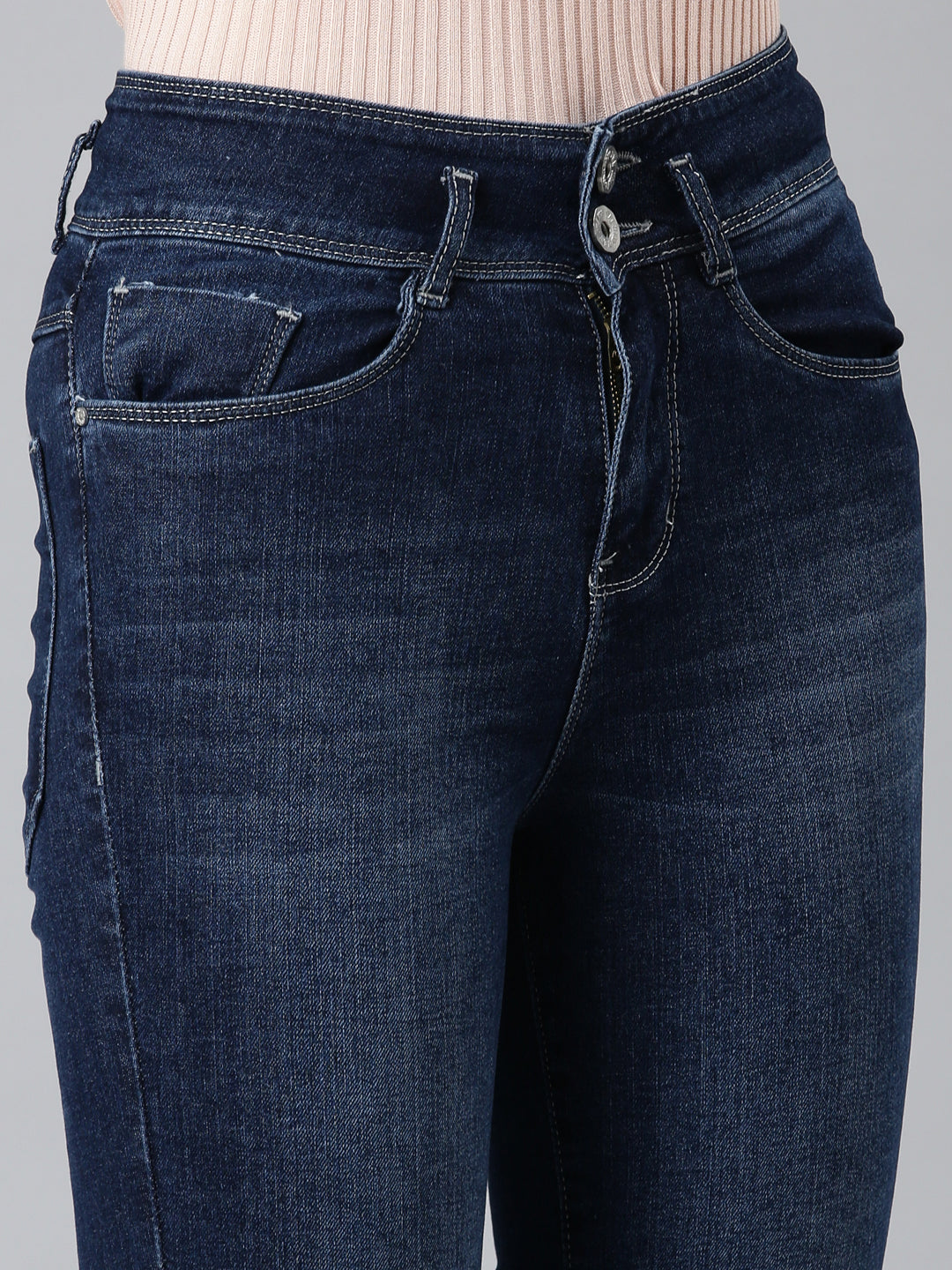 Women's Navy Blue Flared Mid-Rise Light Fade Cropped Denim Jeans