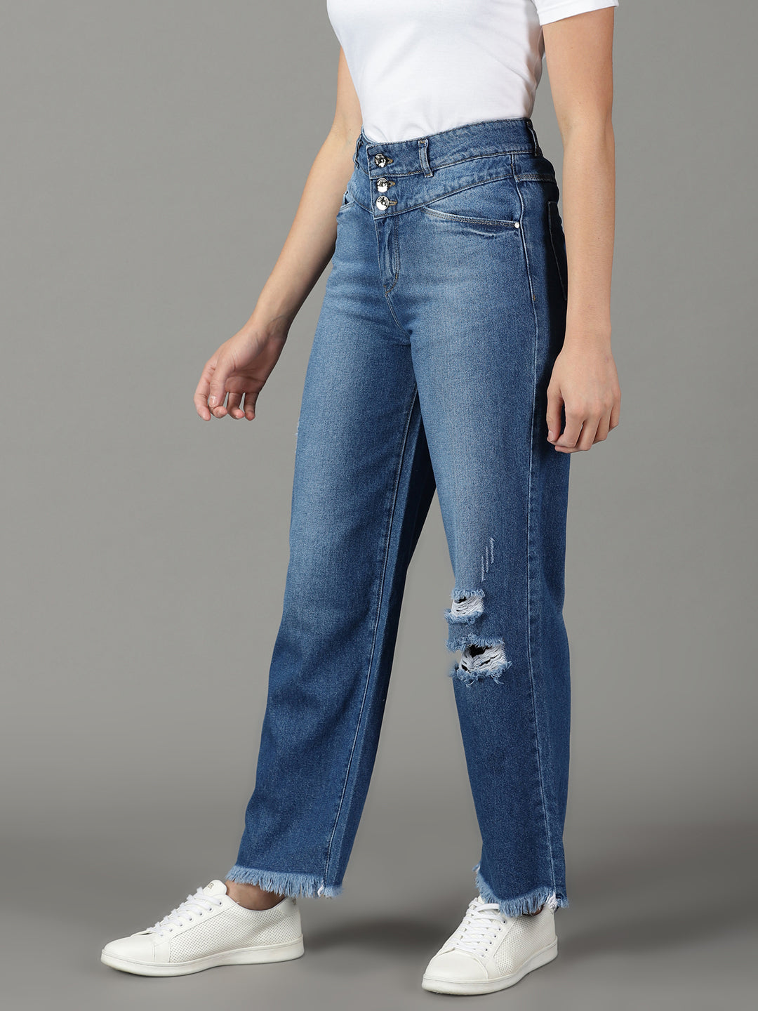Women's Blue Cotton Straight Fit High-Rise Mildly Distressed Jeans