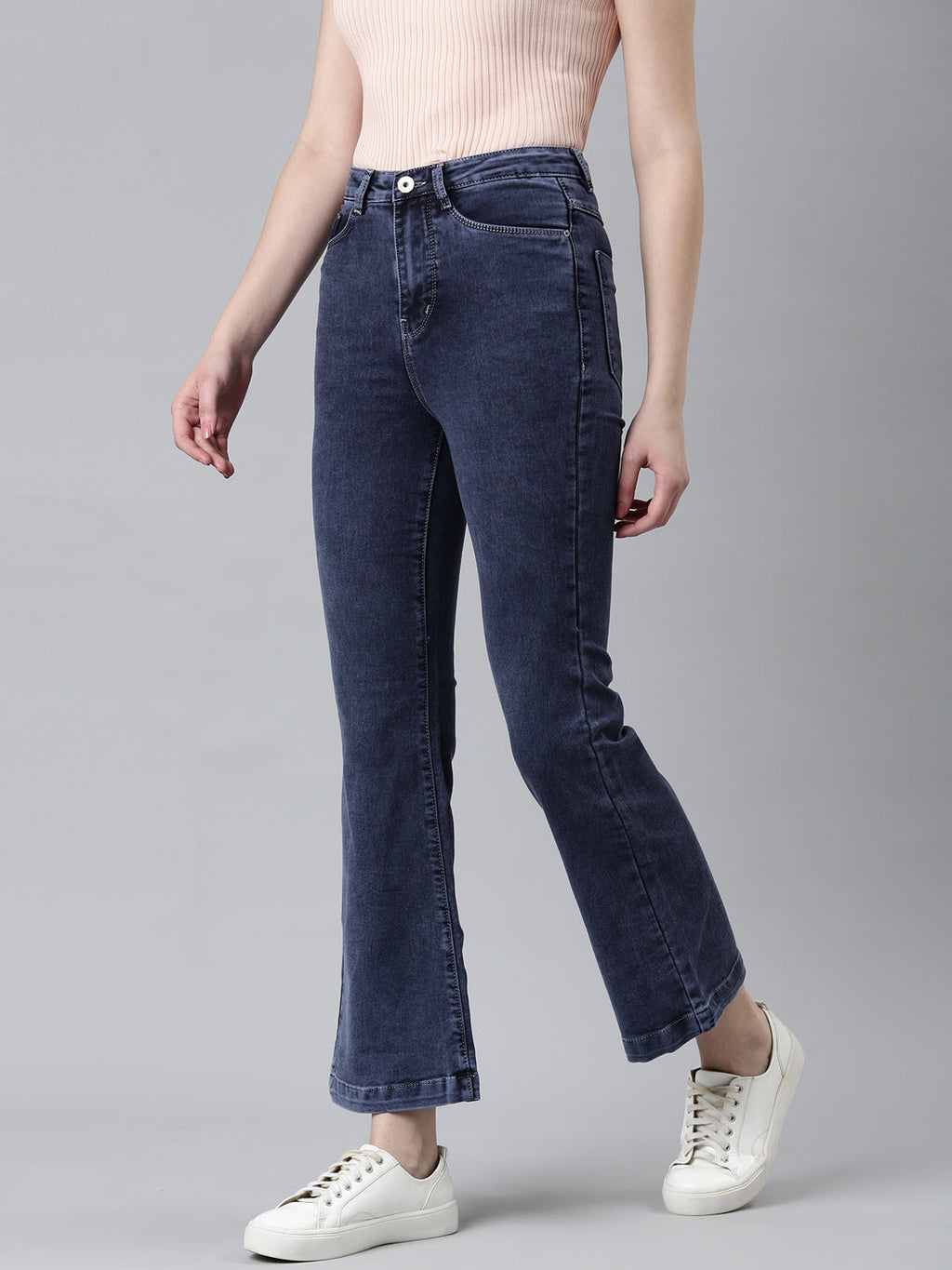Women's Navy Blue Mid Rise Flared Clean Look Denim Jeans