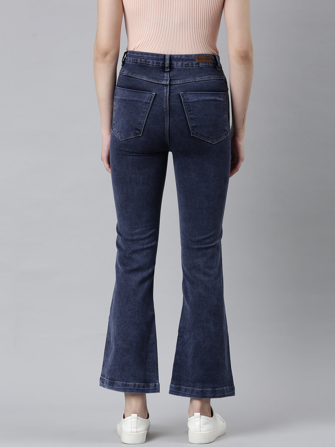 Women's Navy Blue Mid Rise Flared Clean Look Denim Jeans