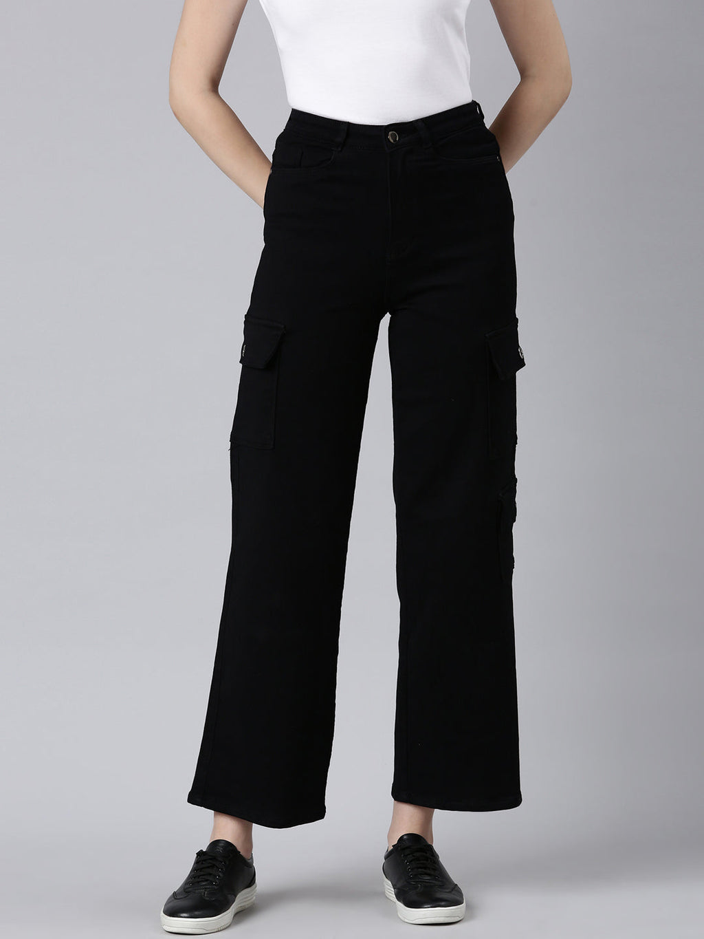Women's Black Wide Leg Acid Wash Denim Cargo Jeans