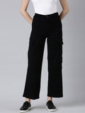 Women's Black Wide Leg Acid Wash Denim Cargo Jeans
