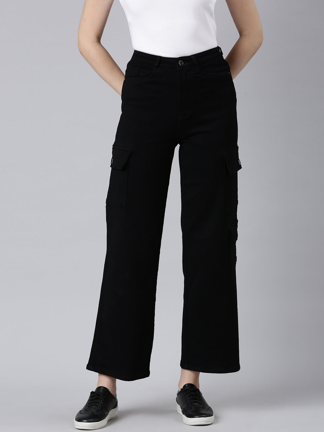 Women's Black Wide Leg Acid Wash Denim Cargo Jeans