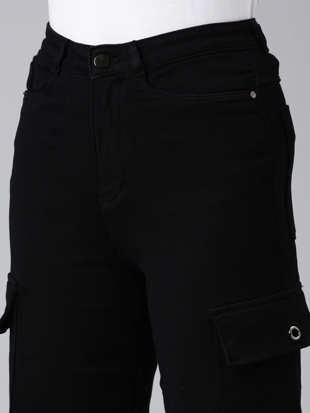 Women's Black Wide Leg Acid Wash Denim Cargo Jeans