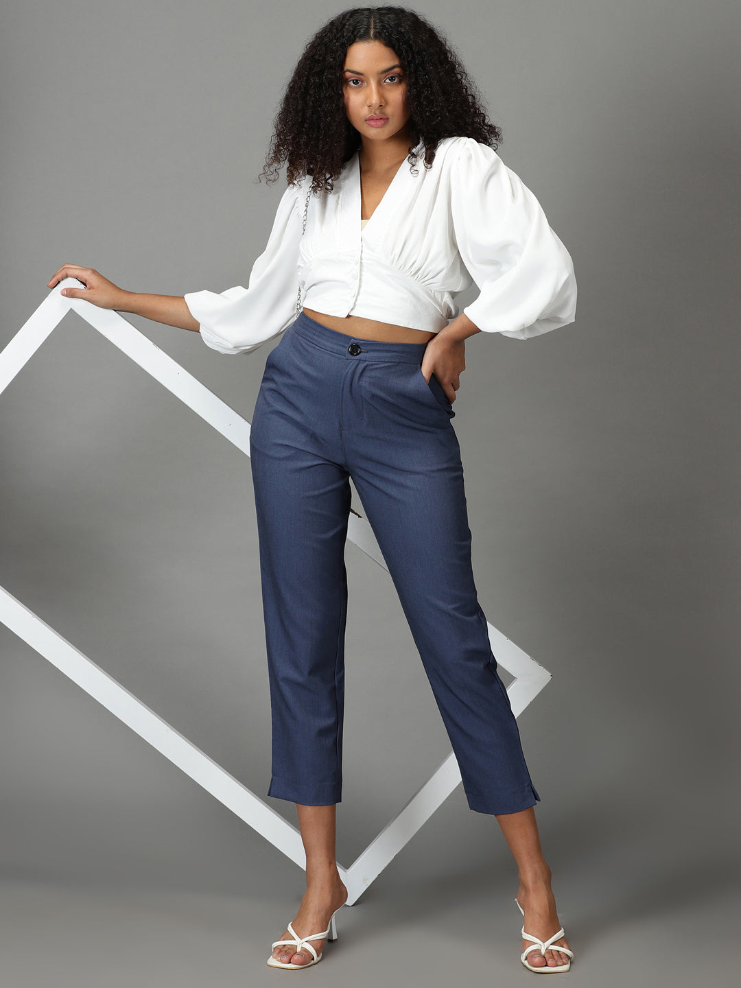 Women's Blue Mom Fit Cotton Formal Trousers