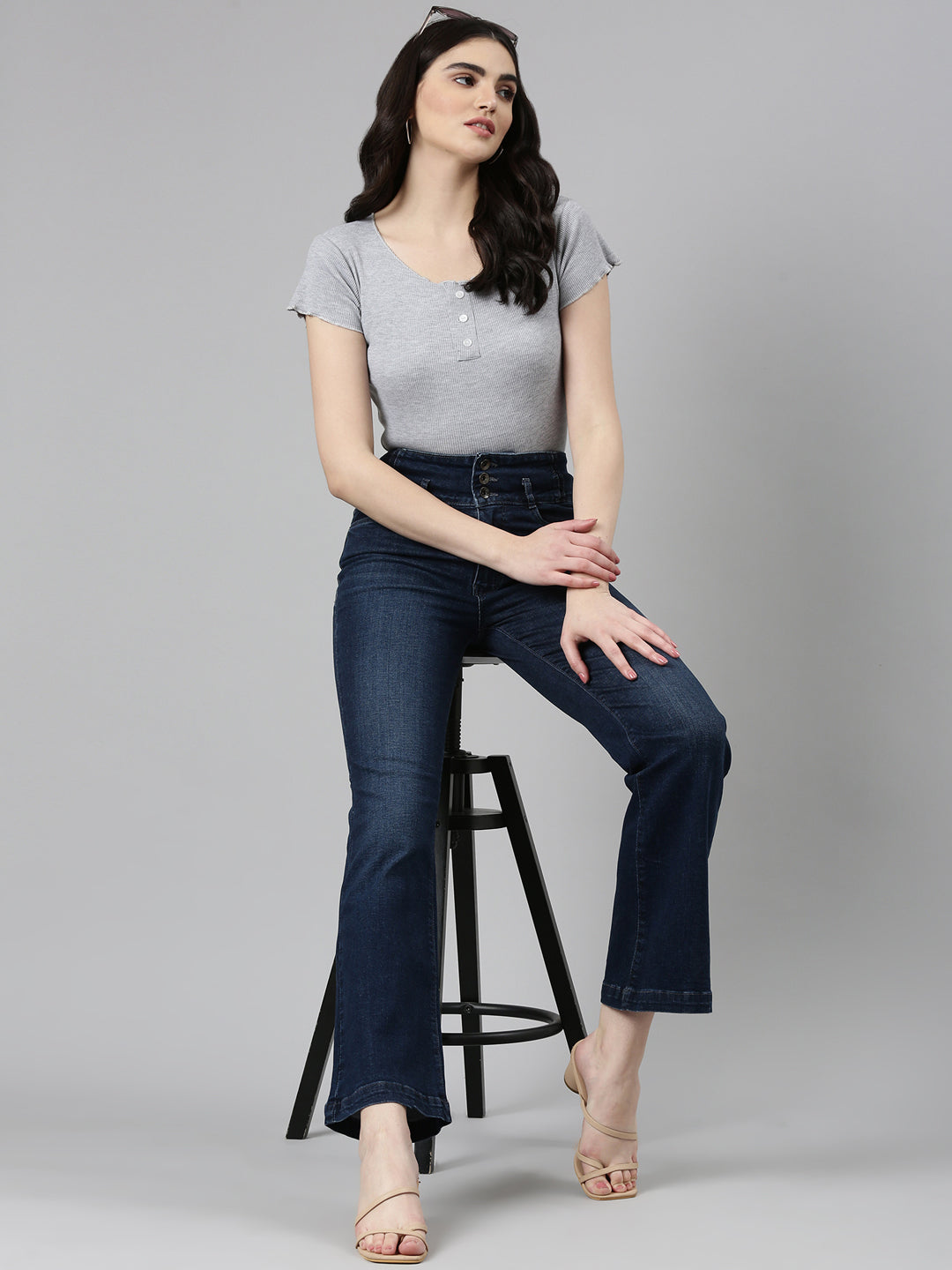 Women's Navy Blue Flared Light Fade Denim Jeans