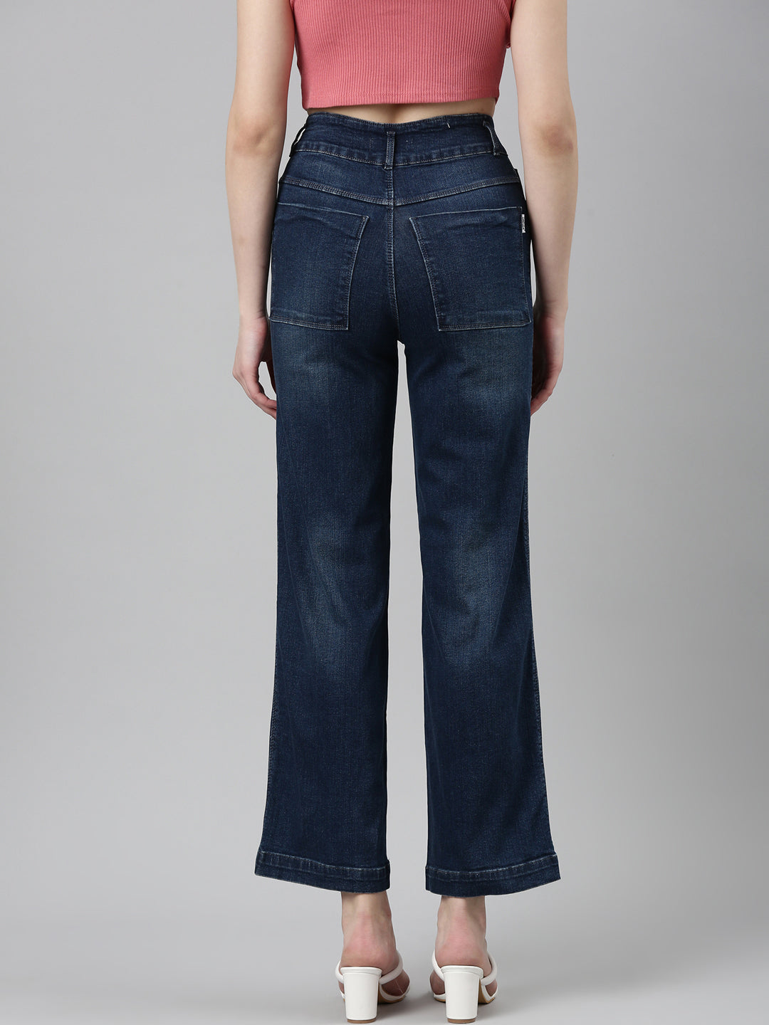 Women's Navy Blue Acid Wash Wide Leg Mid-Rise Denim Jeans