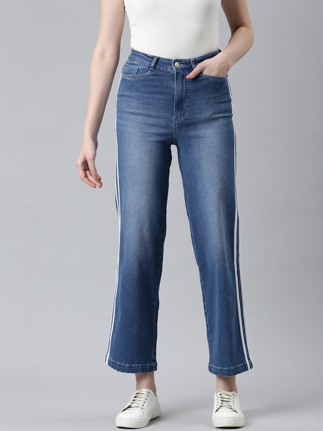 Women's Blue Wide Leg High-Rise Light Fade Side Stripes Denim Jeans