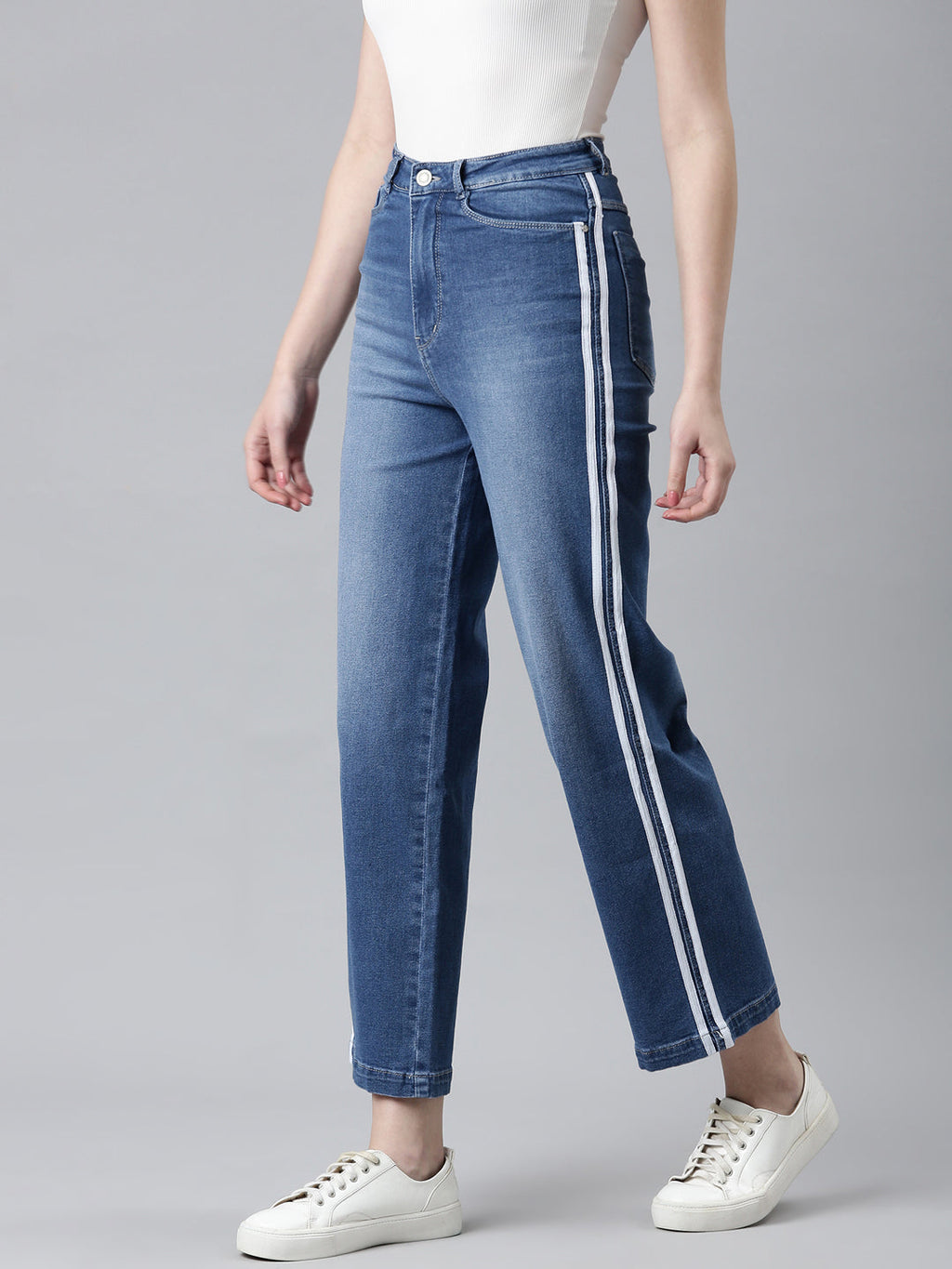 Women's Blue Wide Leg High-Rise Light Fade Side Stripes Denim Jeans