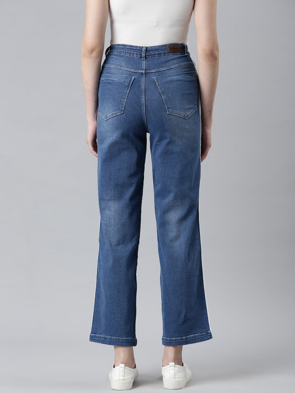 Women's Blue Wide Leg High-Rise Light Fade Side Stripes Denim Jeans
