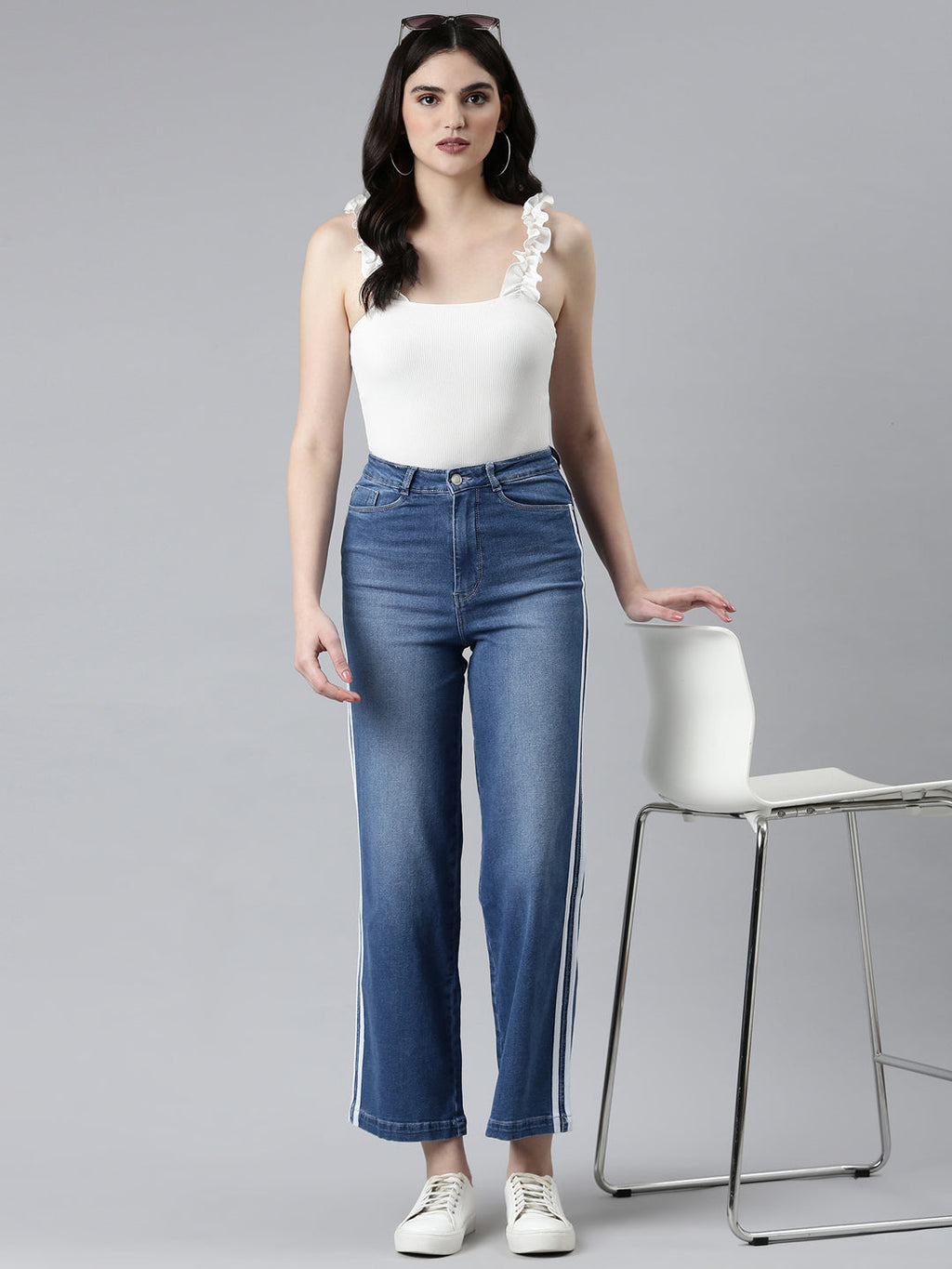 Women's Blue Wide Leg High-Rise Light Fade Side Stripes Denim Jeans
