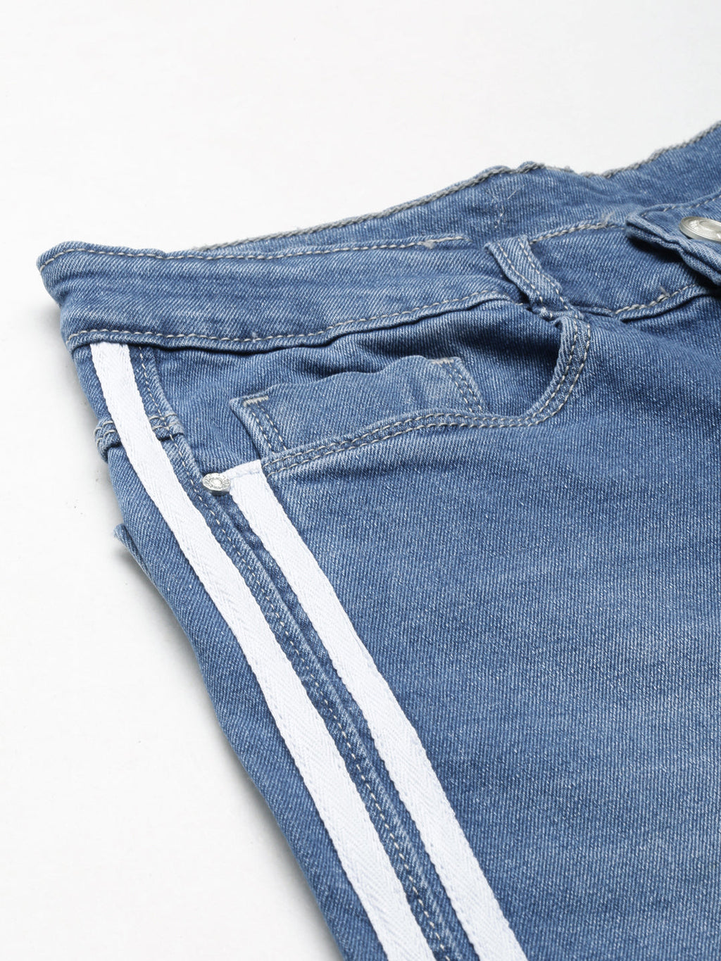 Women's Blue Wide Leg High-Rise Light Fade Side Stripes Denim Jeans