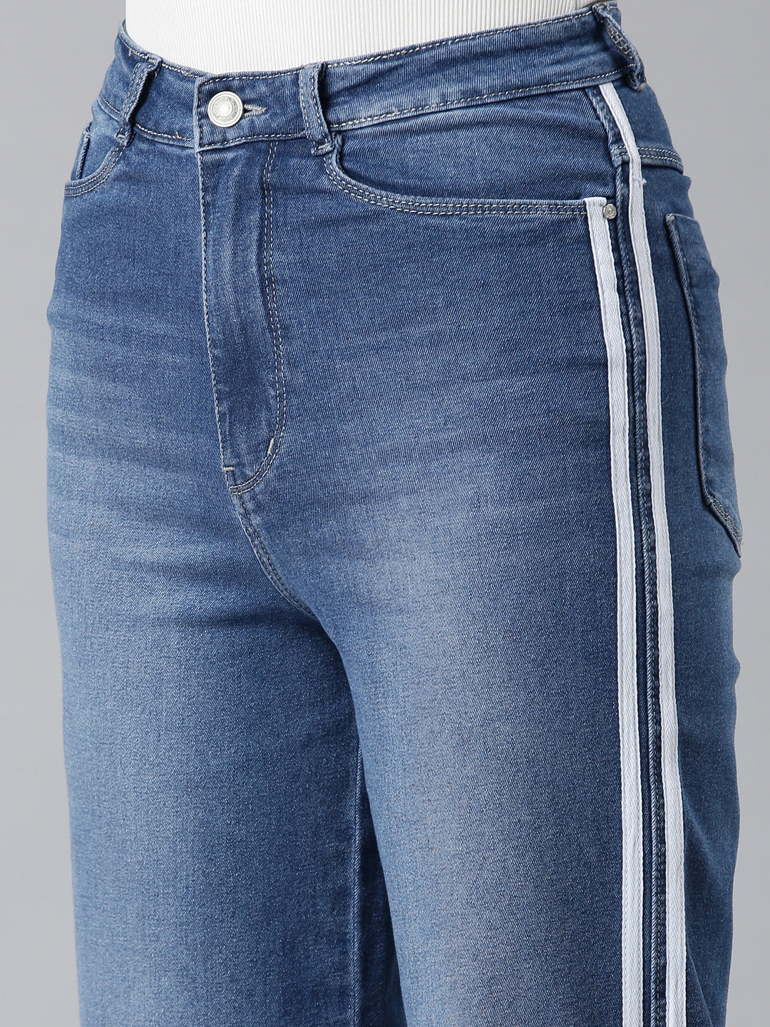 Women's Blue Wide Leg High-Rise Light Fade Side Stripes Denim Jeans