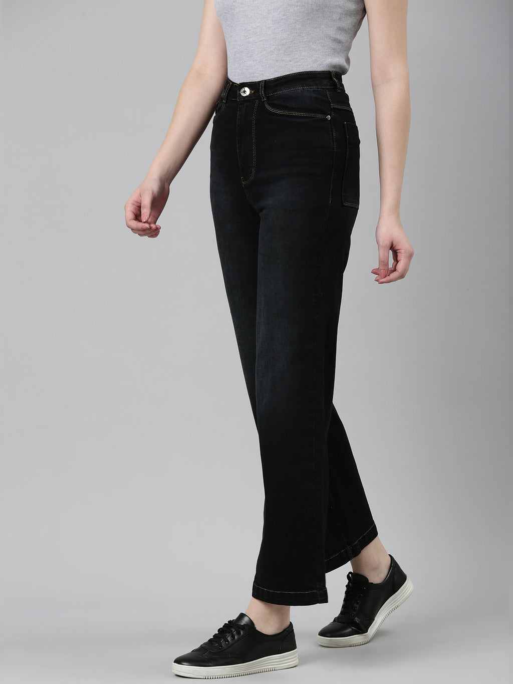 Women's Black Wide Leg Light Fade Acid Wash Denim Jeans