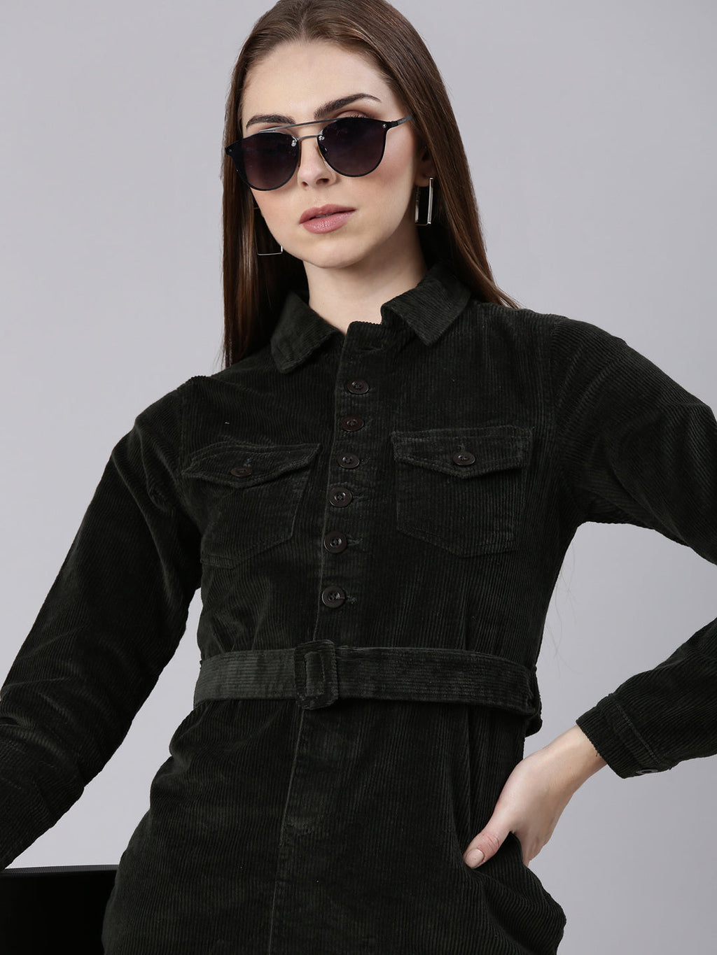 Women's Olive Shirt Collar Cotton Dress