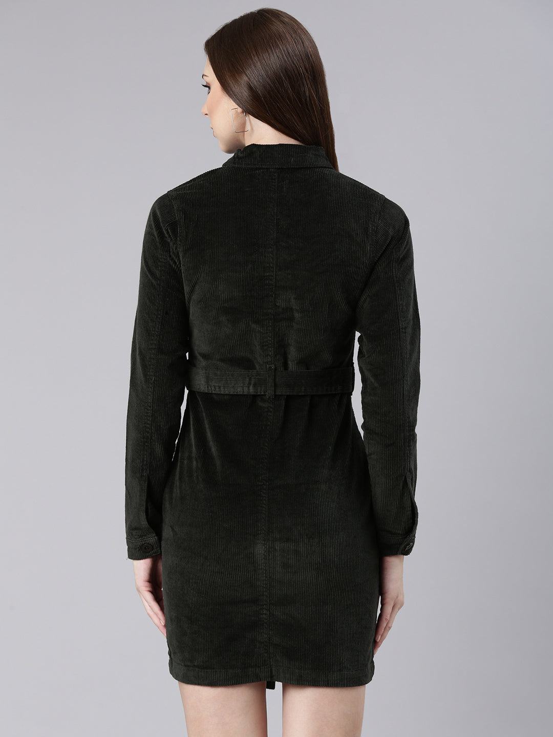 Women's Olive Shirt Collar Cotton Dress