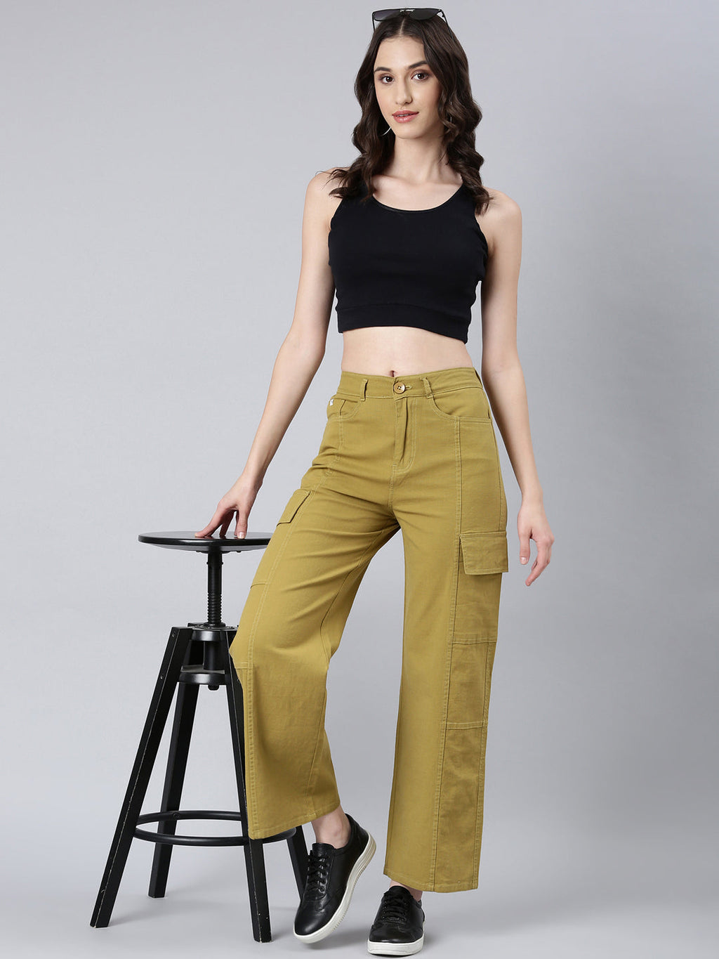Women's Khaki Wide Leg Denim Cargo Jeans