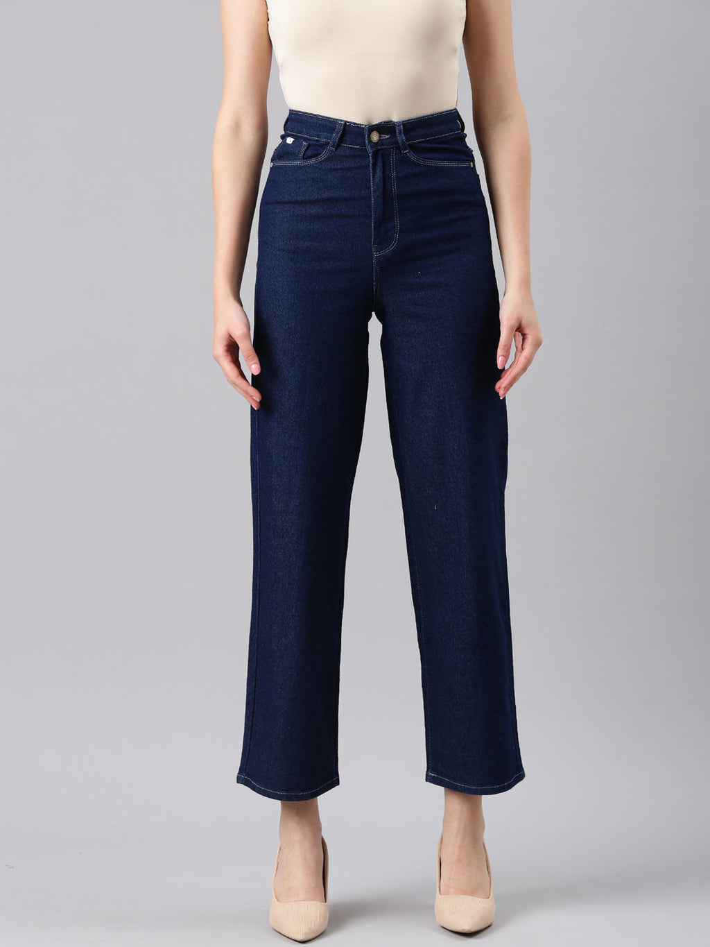 Women's Navy Blue Straight Fit Mid Rise Cropped Denim Jeans