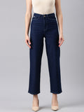 Women's Navy Blue Straight Fit Mid Rise Cropped Denim Jeans