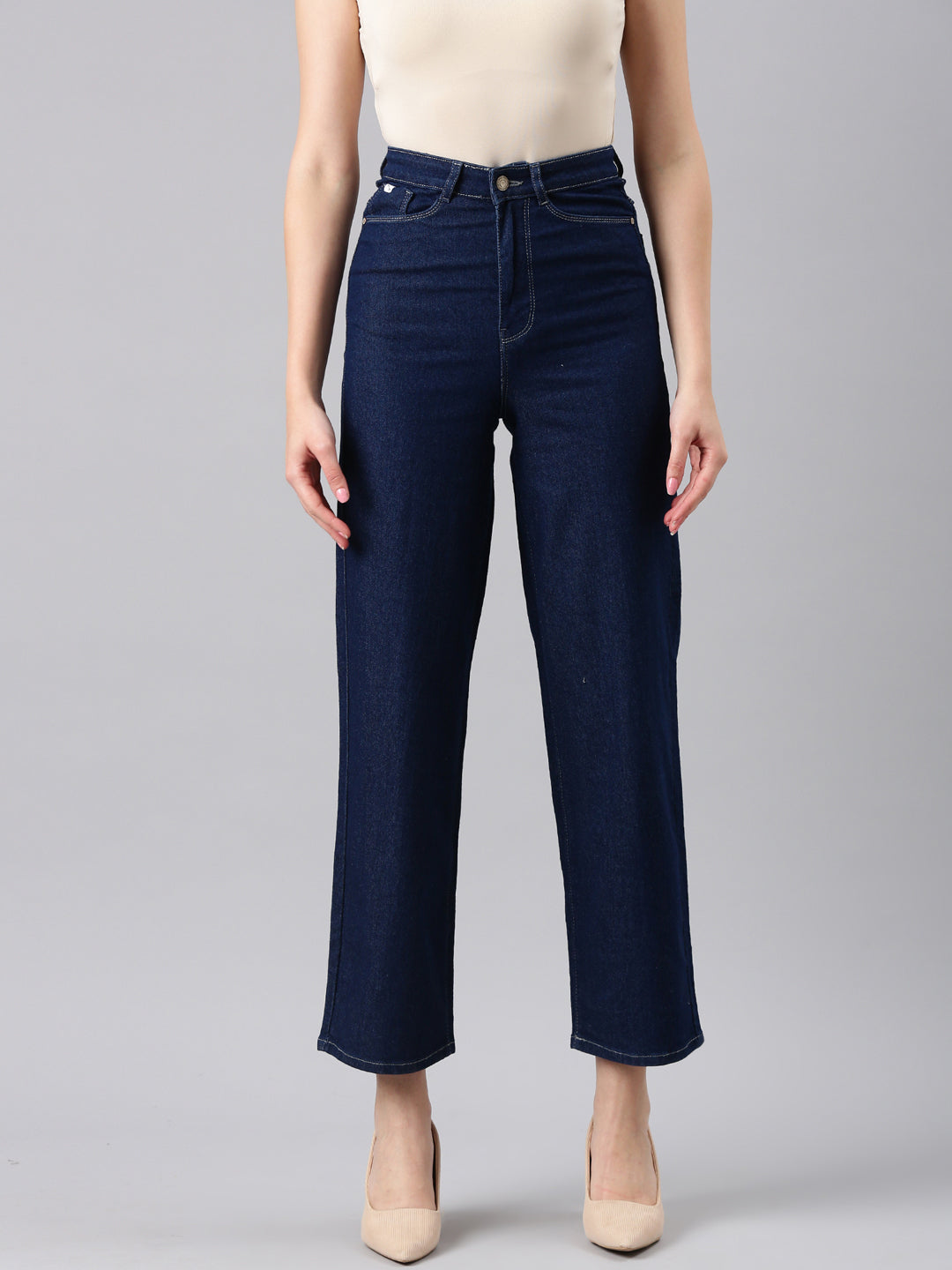 Women's Navy Blue Straight Fit Mid Rise Cropped Denim Jeans