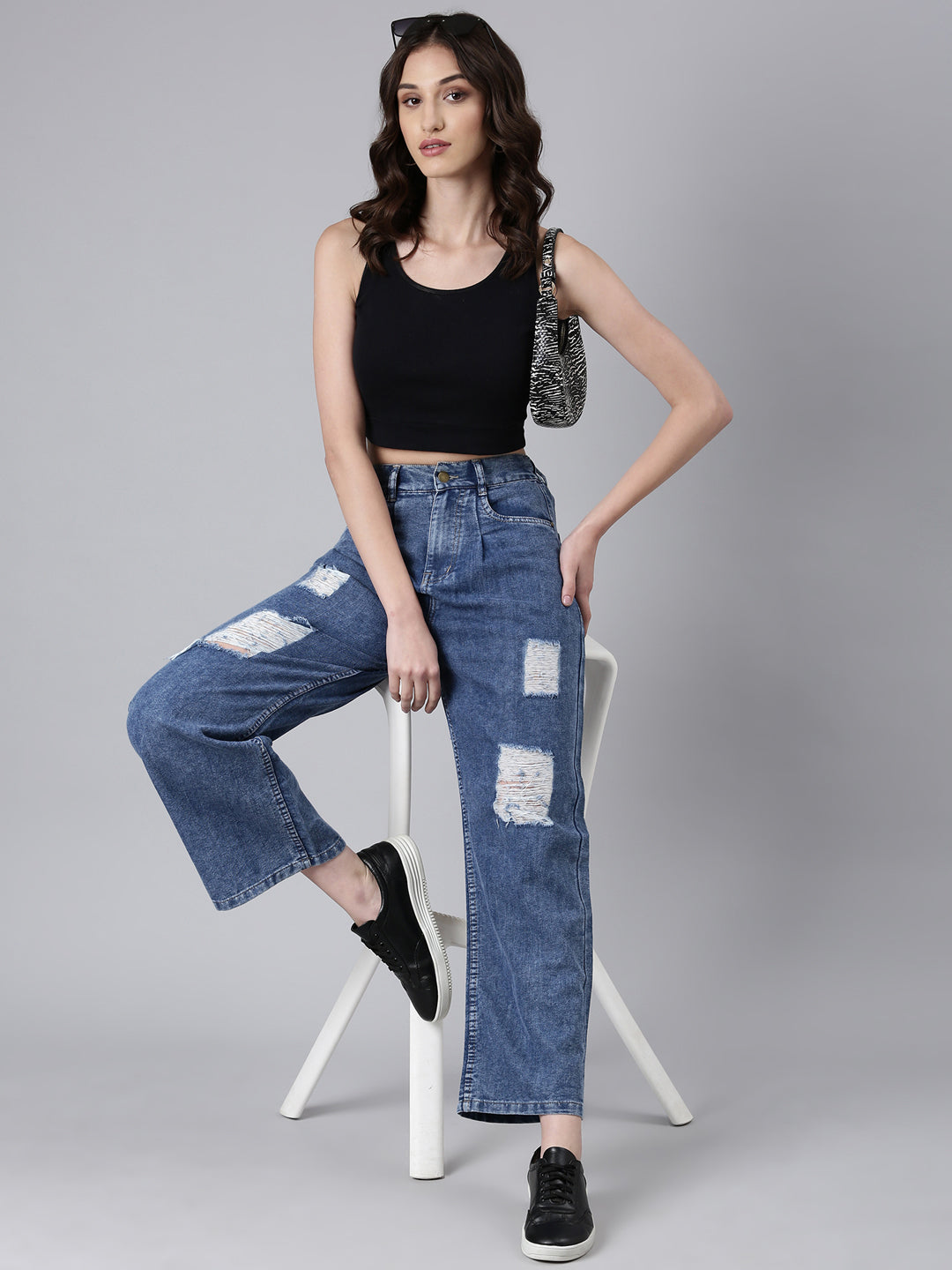 Women's Blue Solid Wide Leg Acid Wash Denim Jeans