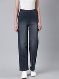 Women's Grey Straight Fit Mid-Rise Light Fade Acid Wash Denim Jeans