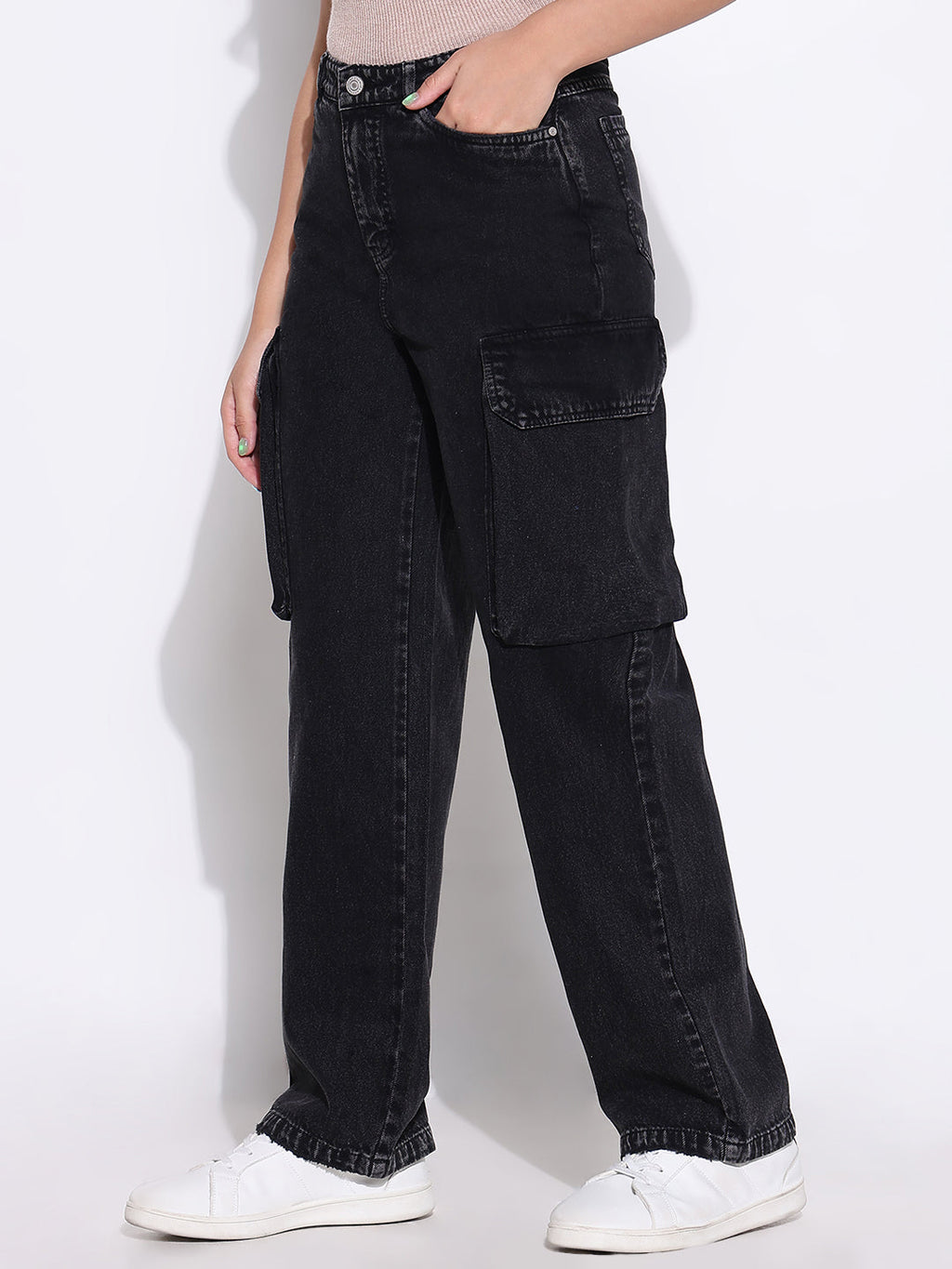 Women's Black Comfort Wide Leg Light Fade Acid Wash Stretchable Jeans