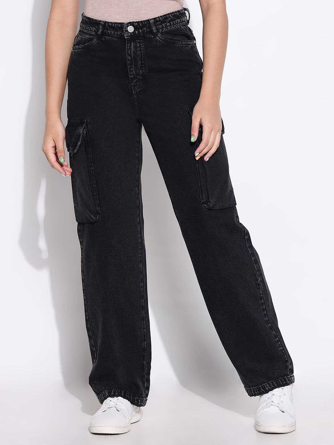 Women's Black Comfort Wide Leg Light Fade Acid Wash Stretchable Jeans