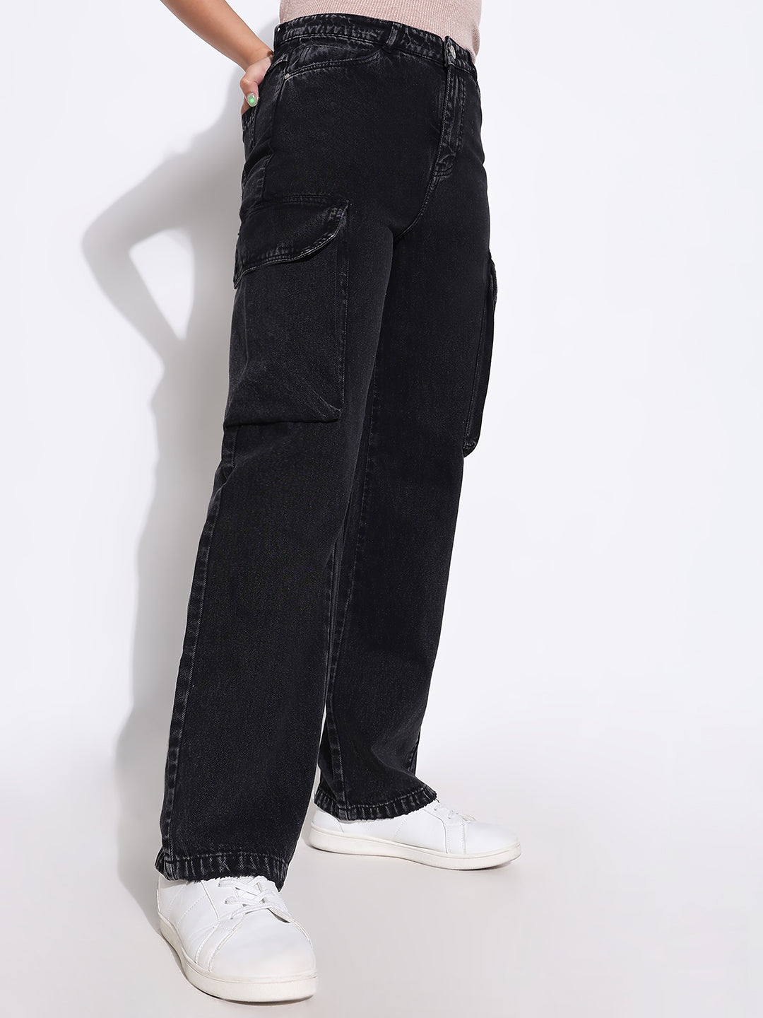 Women's Black Comfort Wide Leg Light Fade Acid Wash Stretchable Jeans