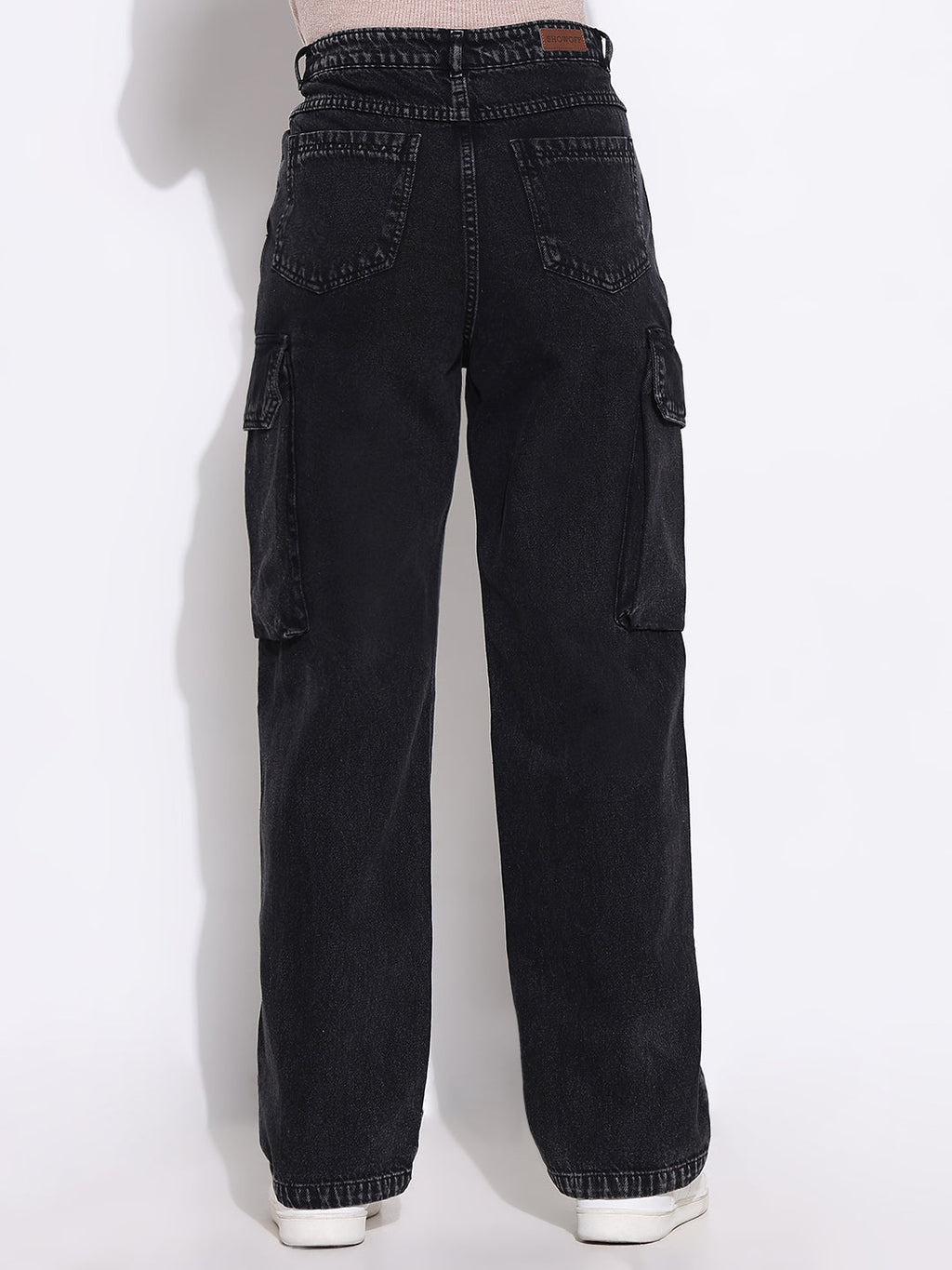 Women's Black Comfort Wide Leg Light Fade Acid Wash Stretchable Jeans