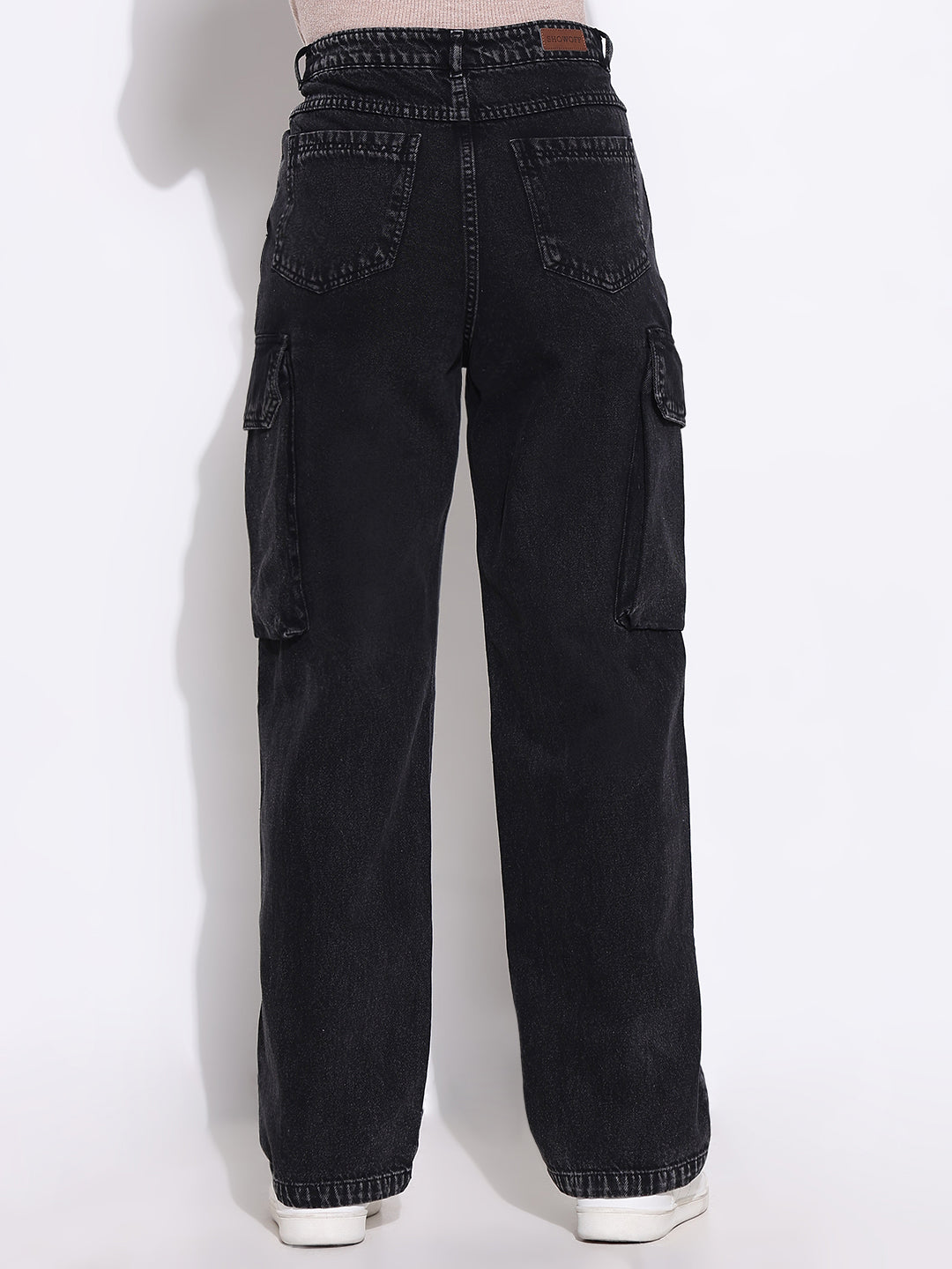 Women's Black Comfort Wide Leg Light Fade Acid Wash Stretchable Jeans