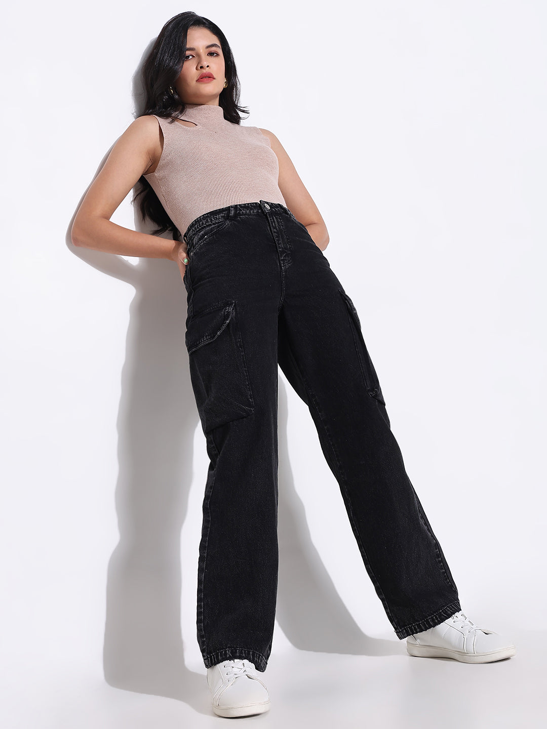 Women's Black Comfort Wide Leg Light Fade Acid Wash Stretchable Jeans