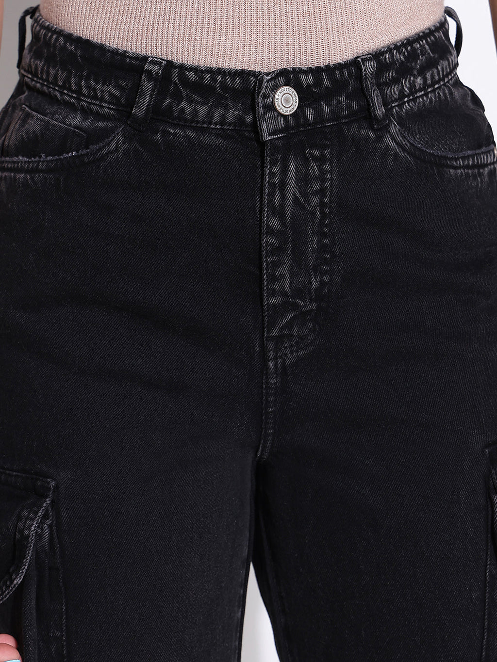 Women's Black Comfort Wide Leg Light Fade Acid Wash Stretchable Jeans