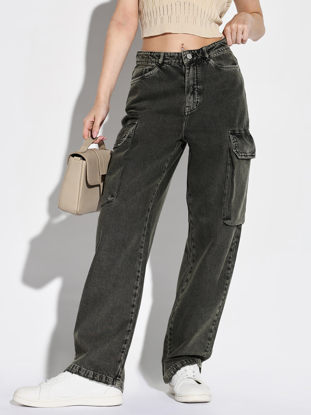 Women's Olive Denim Comfort Wide Leg Light Fade Acid Wash Jeans