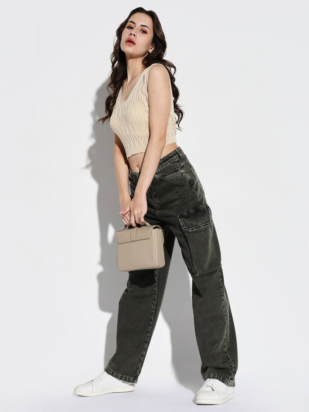 Women's Olive Denim Comfort Wide Leg Light Fade Acid Wash Jeans