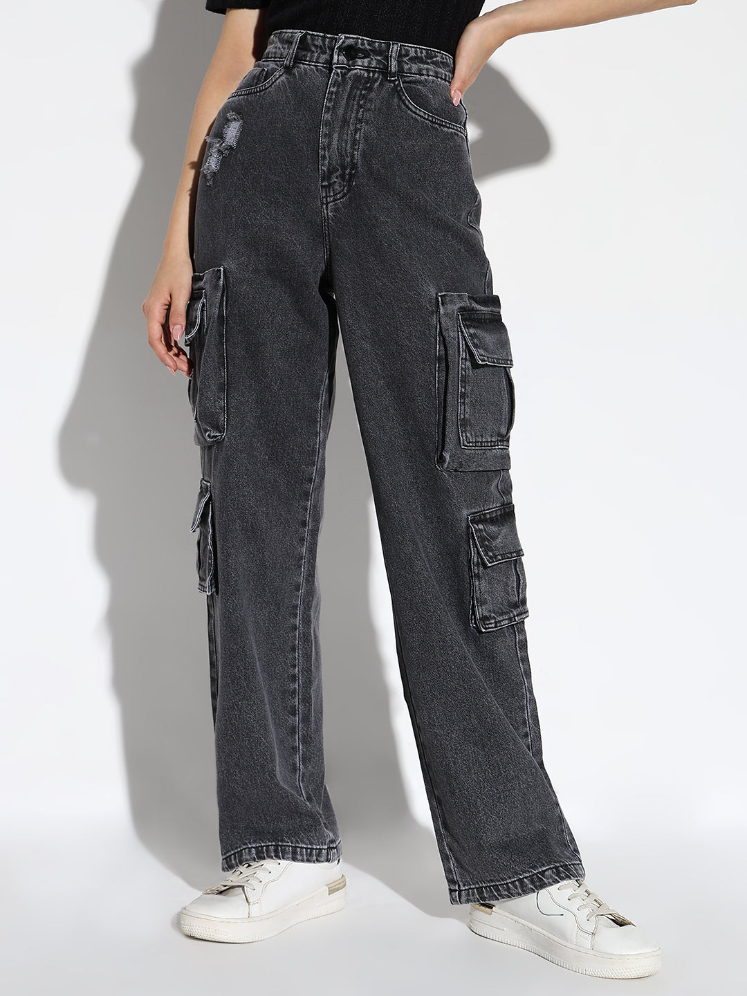 Women's Grey Comfort Straight Fit Low Distress Light Fade Acid Wash Stretchable Jeans