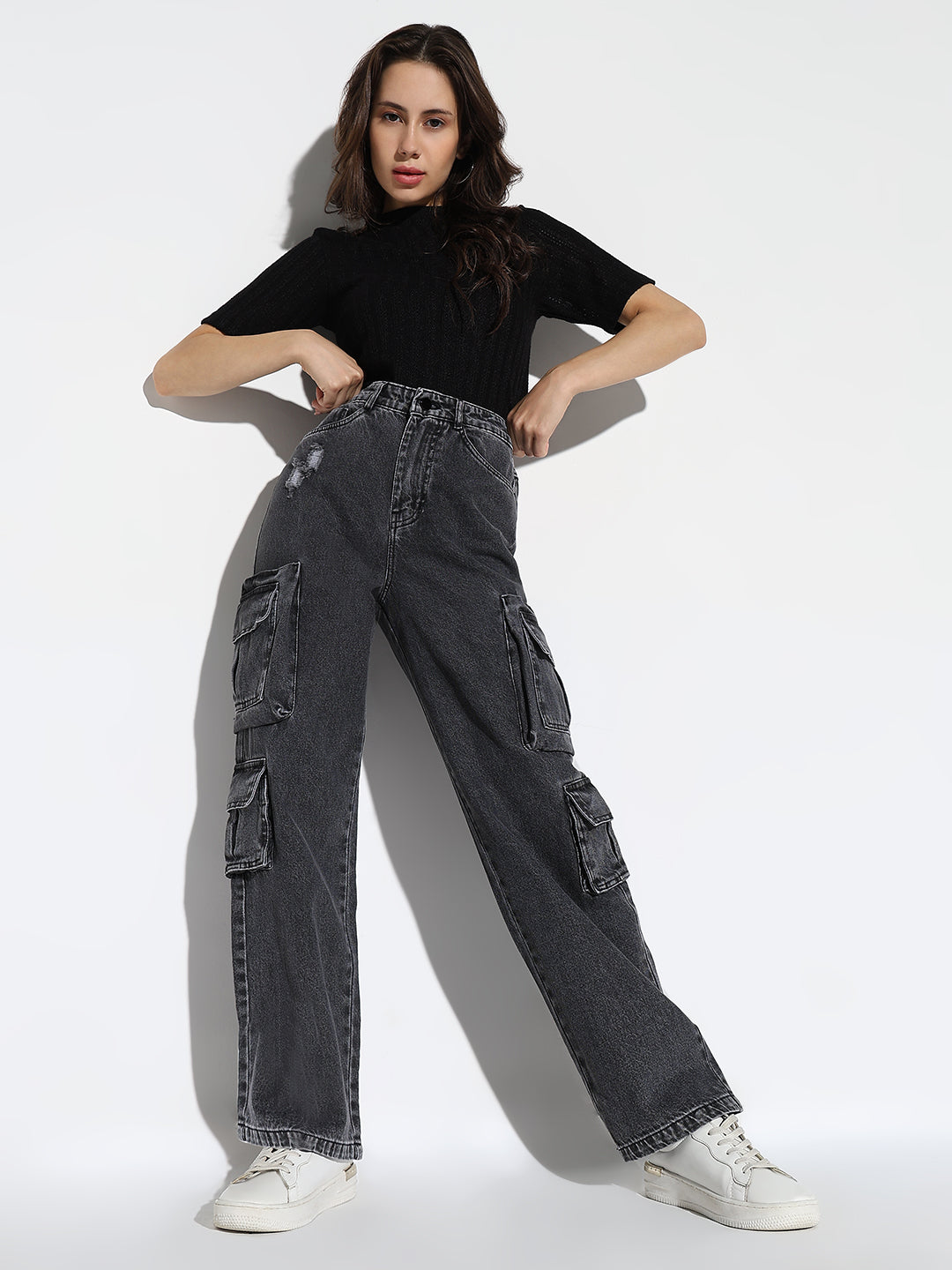 Women's Grey Comfort Straight Fit Low Distress Light Fade Acid Wash Stretchable Jeans