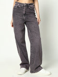 Women's Grey Cotton Mid-Rise Comfort Wide Leg Heavy Fade Jeans