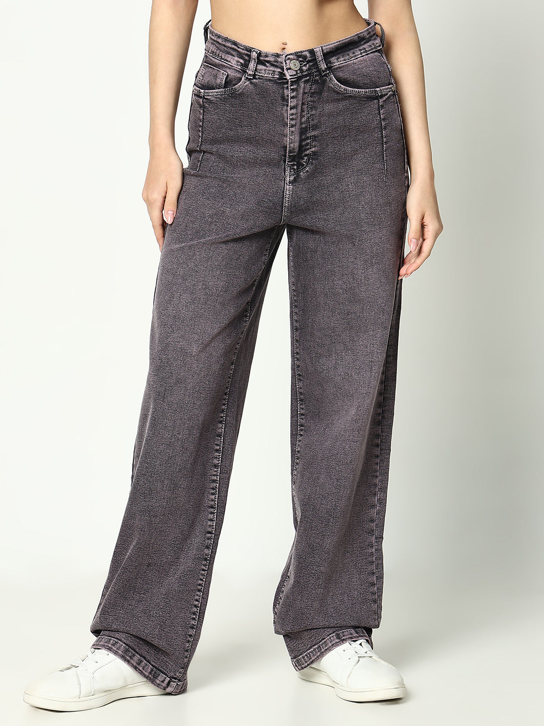 Women's Grey Cotton Mid-Rise Comfort Wide Leg Heavy Fade Jeans