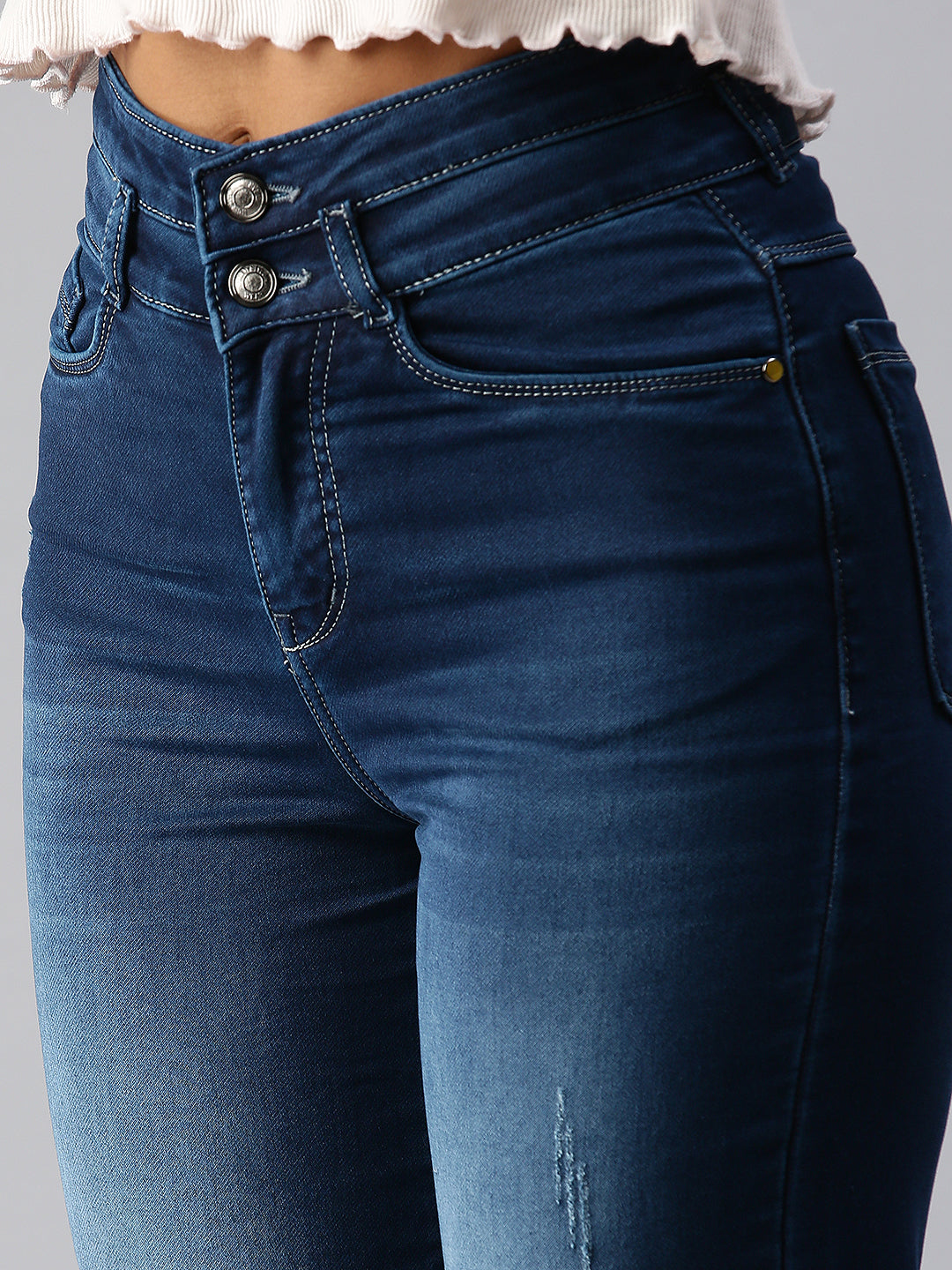 Women's Blue Wide Leg High-Rise Low Distress Light Fade Stretchable Denim Jeans