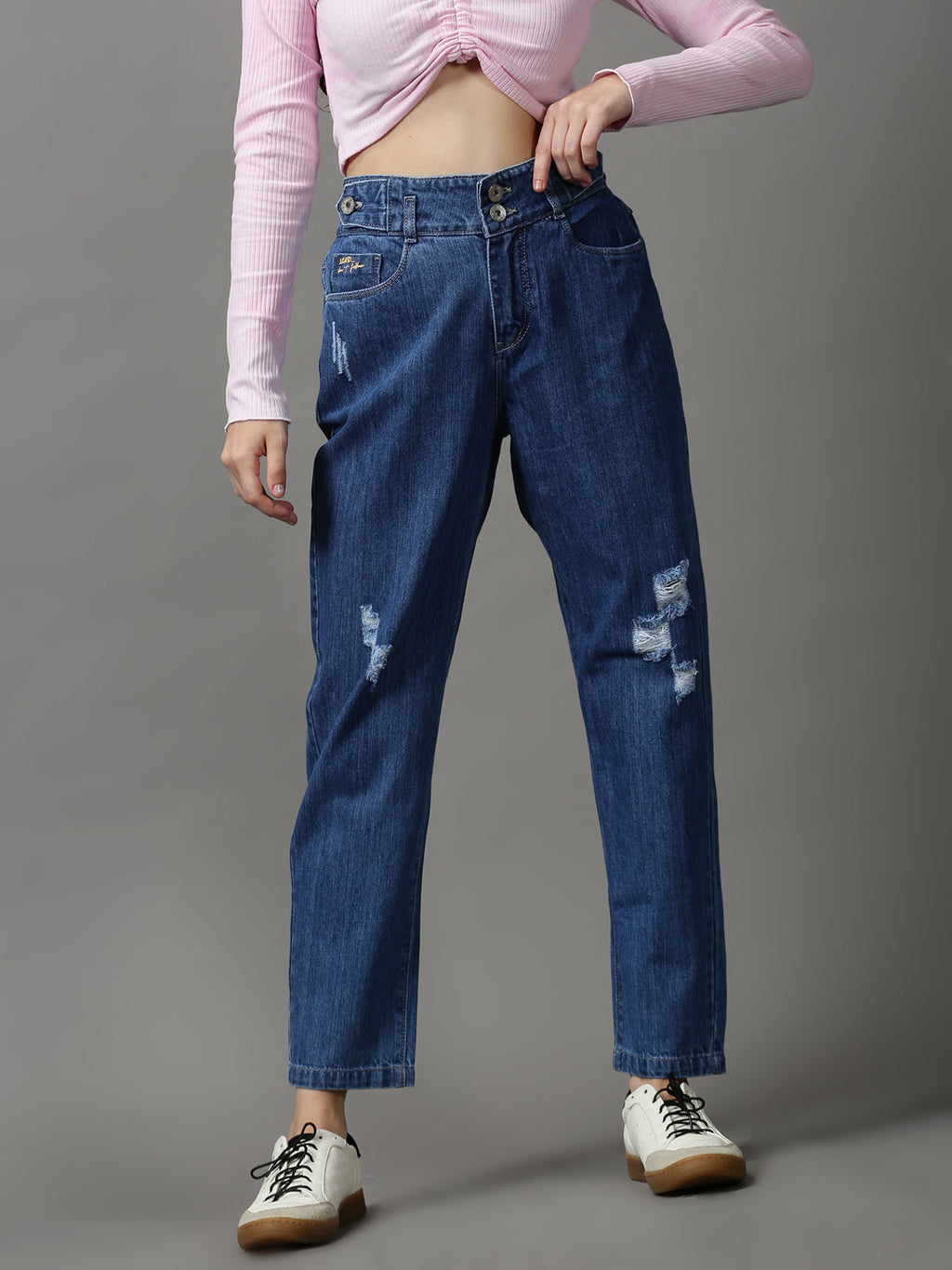 Women's Blue Mom Fit High-Rise Mildly Distressed Denim Jeans