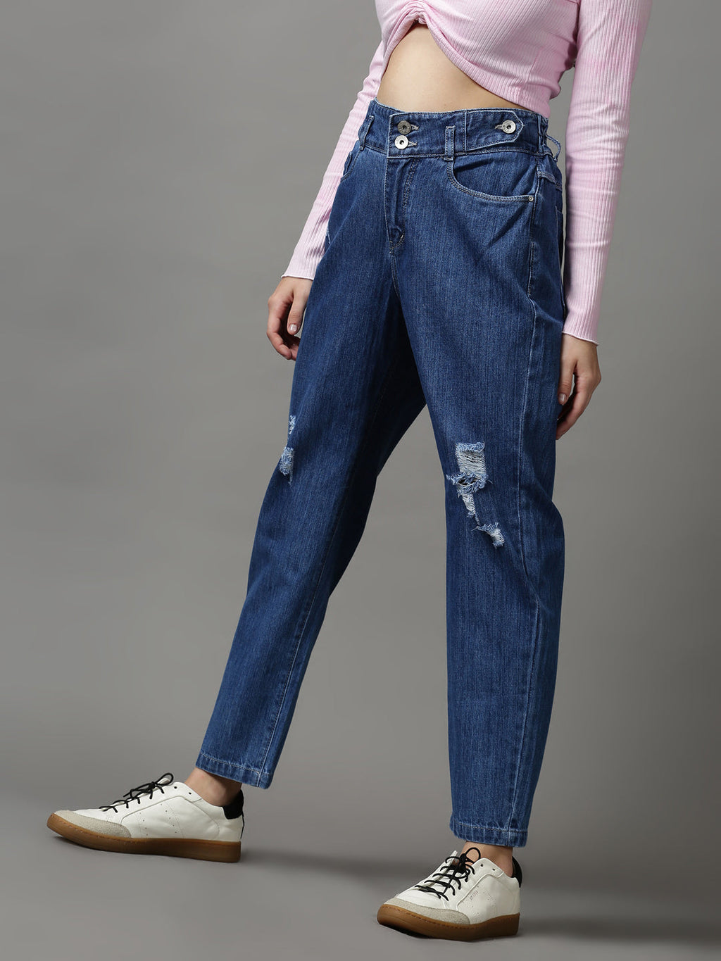Women's Blue Mom Fit High-Rise Mildly Distressed Denim Jeans
